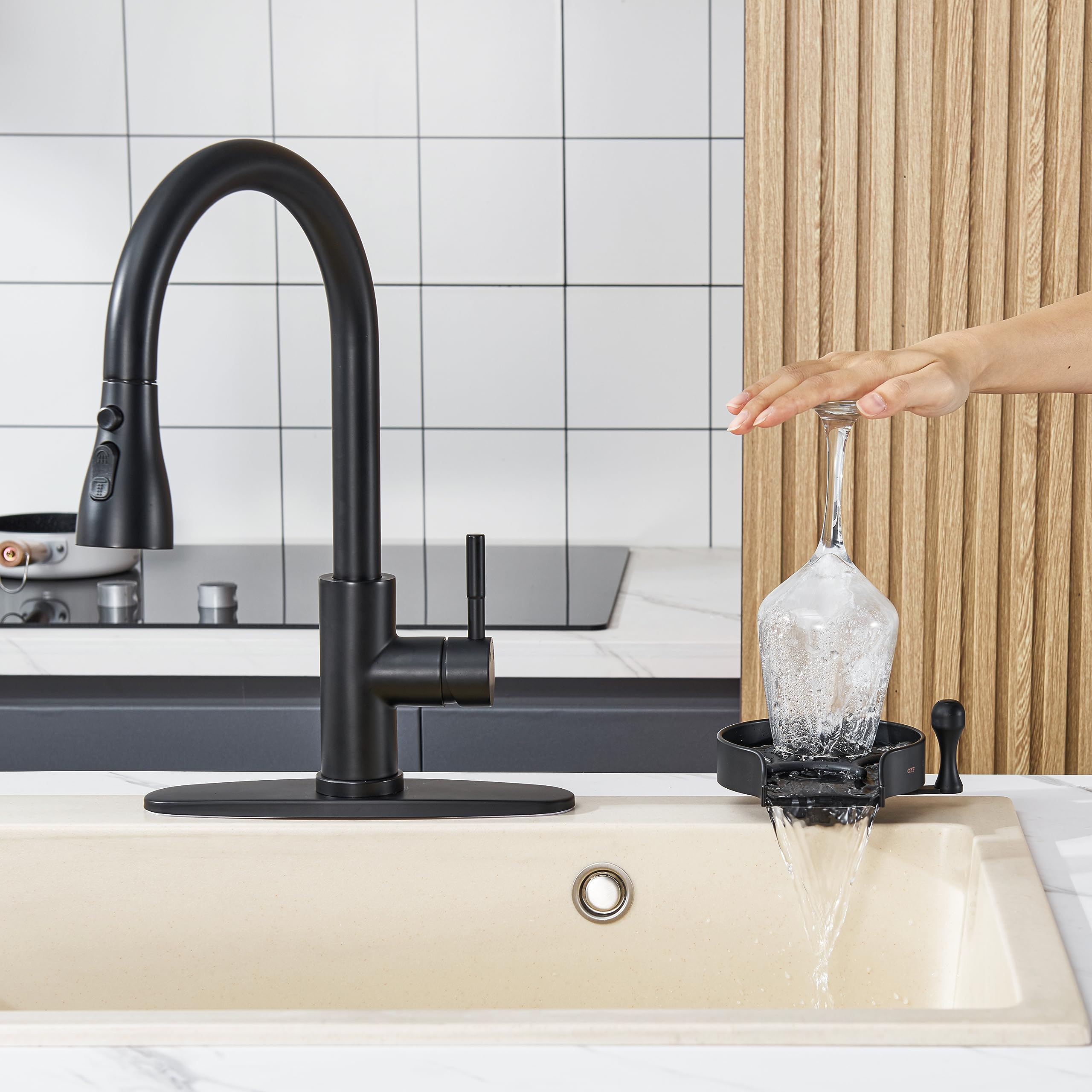 Premium Matte Black Kitchen Sink Glass Rinser - Hot & Cold Water Switching Cup/Bottle Washer for Bar, Restaurant & Home Use - Fast Automatic Flushing Faucet Cleaner for Wine Glasses, Coffee Mugs & Baby Bottles