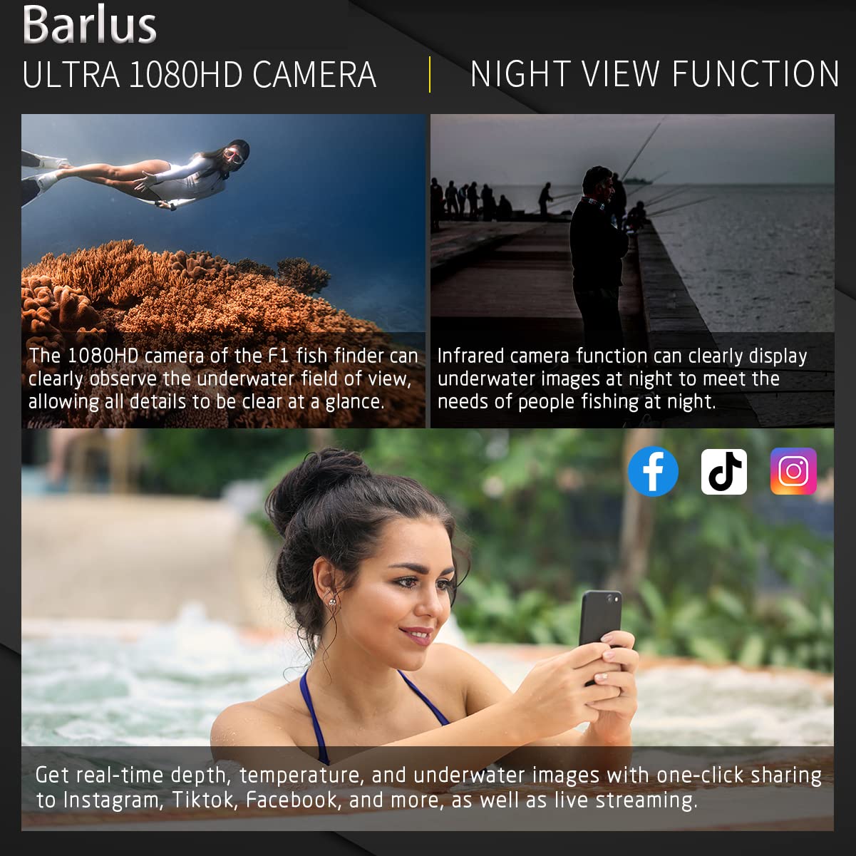 Barlus 1080P HD Underwater Camera - 60FPS Electric Focus for Aquaculture & Marine Monitoring | 32ft Cable