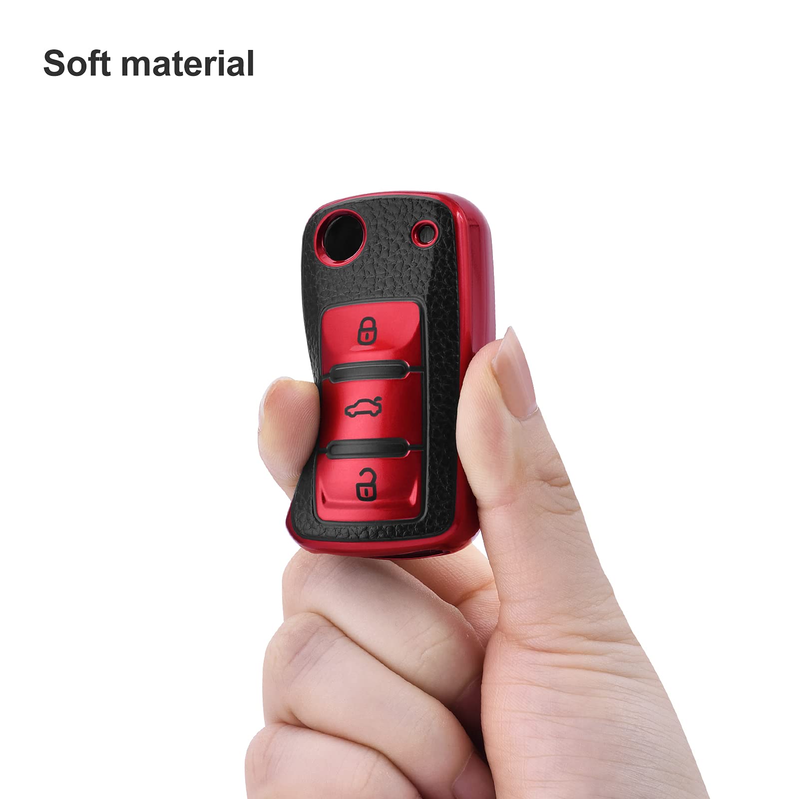 OATSBASF Genuine Leather Car Key Cover for VW Golf, Polo, Passat, Skoda, Seat - 3 Button Remote Key Fob Protector (Red) - Premium Key Case for Vehicle Protection & Style Enhancement