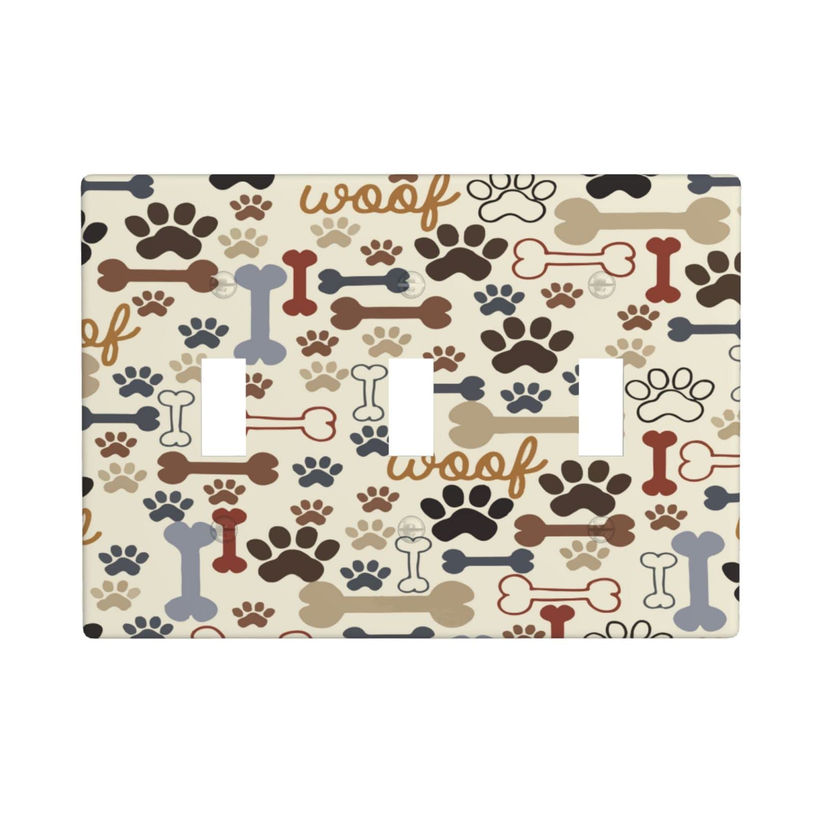 Decorative Triple Toggle Light Switch Cover - 3 Gang Standard Size 6.3x4.5 Inch - Dog Paw Prints & Bones Design - Wall Plate for Kitchen, Bedroom, Girls Room - Perfect for Pet Lovers & Home Decor