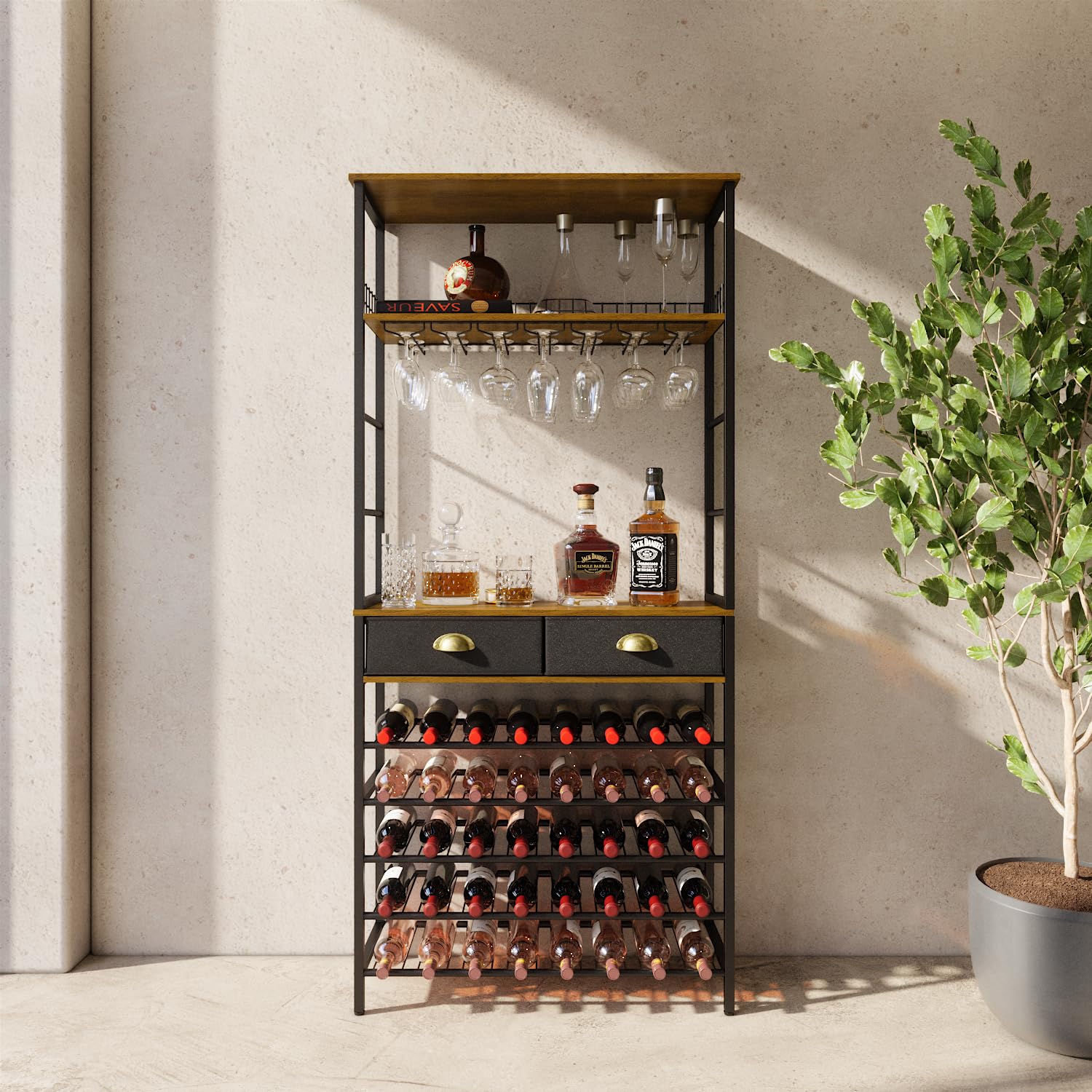 Freestanding Wine Rack with Glass Holder & 2 Storage Drawers - Modern Bar Cabinet with Shelves & Tabletop for Home Liquor & Wine Storage - Perfect for Dining Room, Kitchen, or Basement Bar Setup