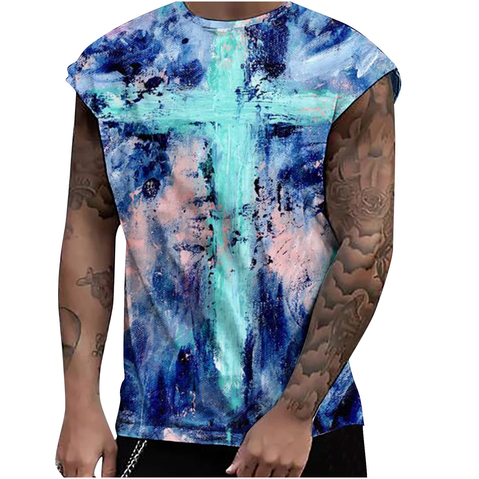 2022 Men's Sleeveless Tie-Dye Cross Pattern Printed Round Neck Tank Top - Breathable Quick-Dry Athletic Shirt for Summer Workouts, Gym & Casual Wear - Tall Fit Non-Shrink Cool T-Shirt for Men
