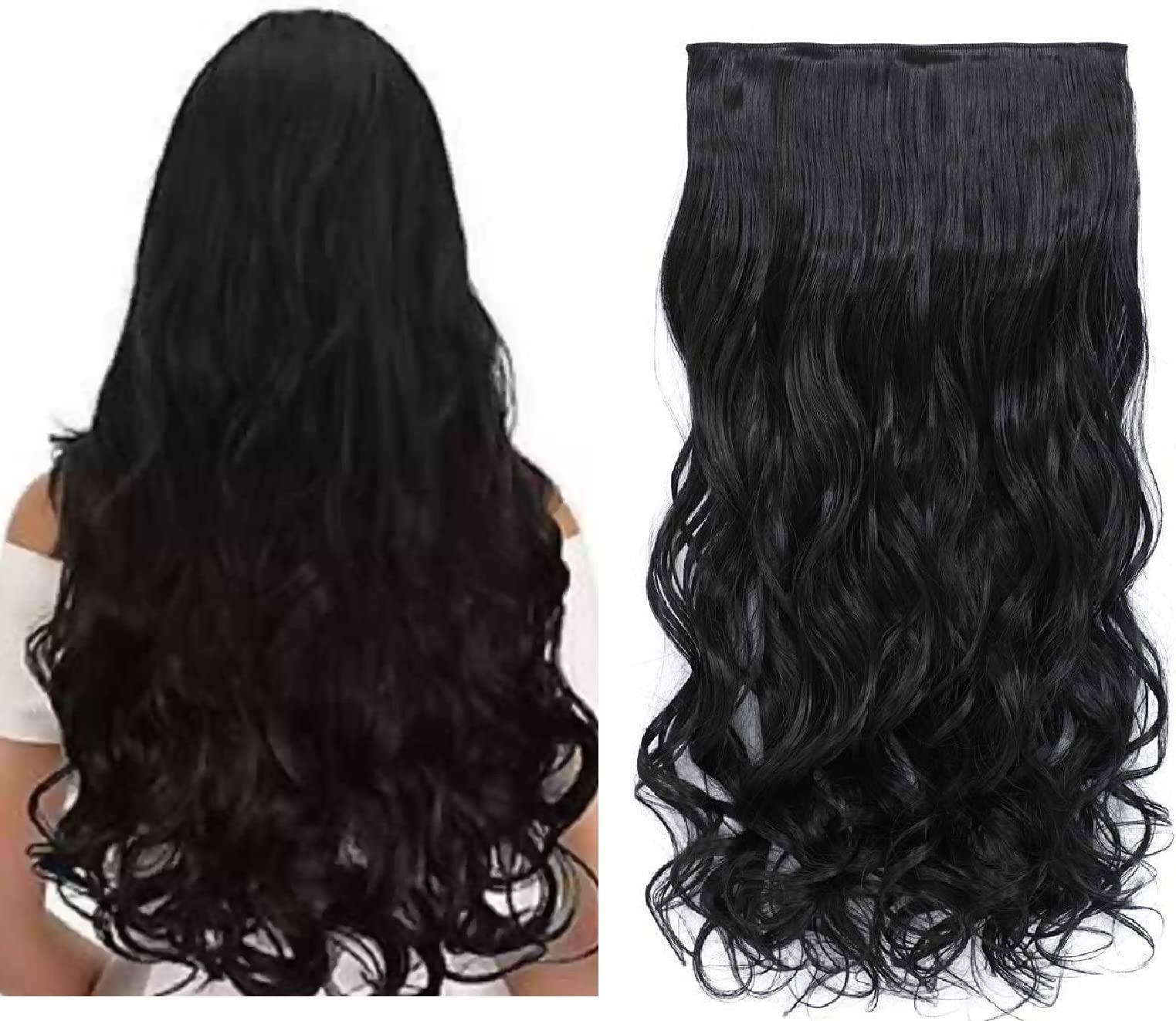 BeatStock 22 Inch Silky Soft Curly/Wavy Full Head Synthetic Hair Extensions - 5 Clip In Natural Black for Volume & Length | Perfect for Parties, Weddings & Daily Styling