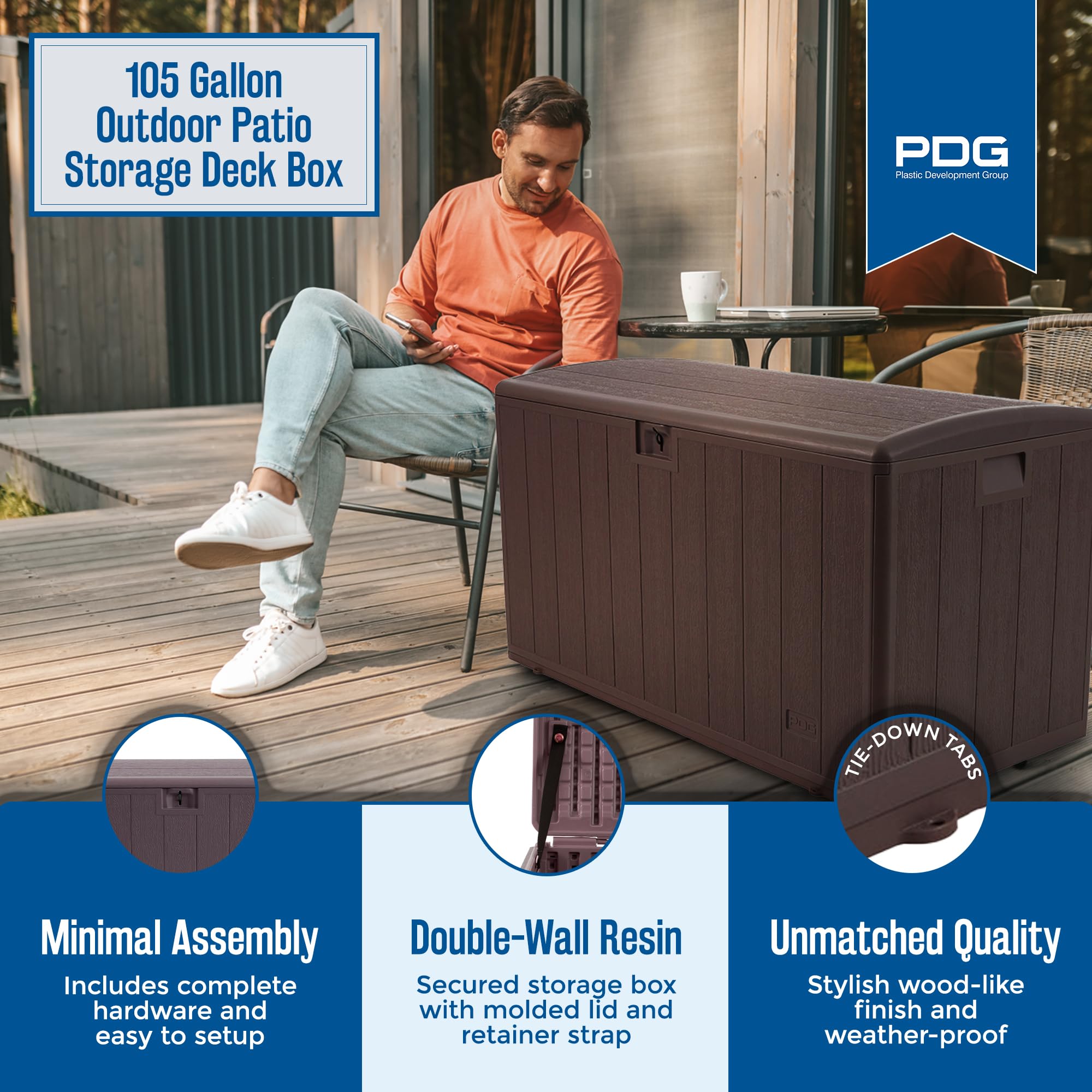 105 Gallon Outdoor Storage Deck Box with Standard Closure - Durable Plastic Deck Box for Patio, Garden & Backyard Organization - Java Brown Weather-Resistant Deck Storage Container