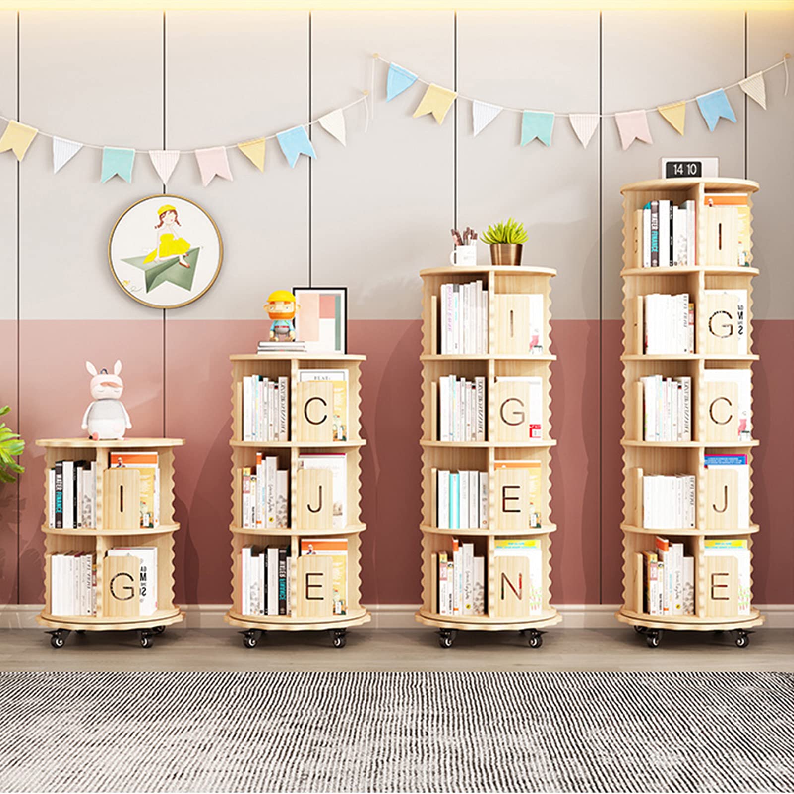 360° Rotating Solid Wood Bookcase with Removable Universal Wheels - Modern Revolving Book Storage Shelf for Home, Office, Kids Room - Perfect for Living Room Decor, Study Organization & Children's Book Display