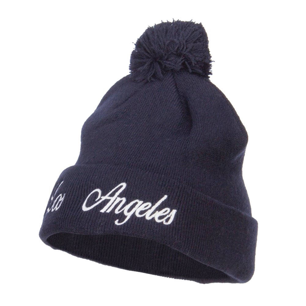 Los Angeles Embroidered Pom Cuff Beanie - Winter Knit Hat with Faux Fur Pom for Women & Men | Cozy Cold Weather Accessory for Skiing, Snowboarding & Outdoor Activities