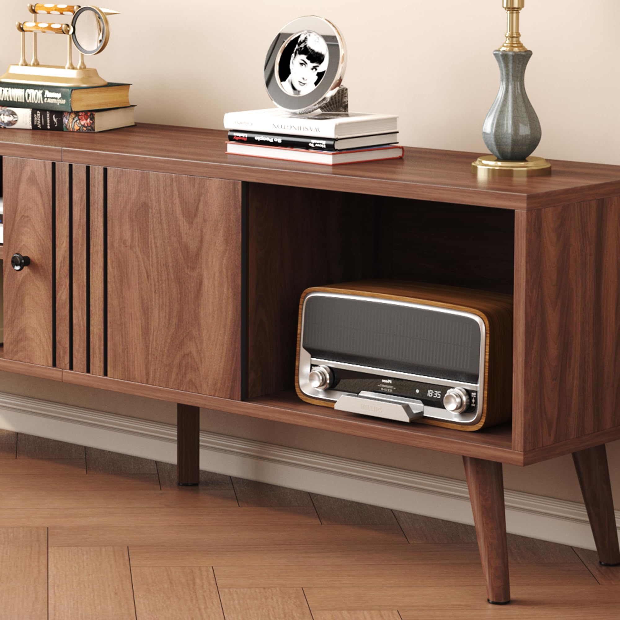 Mid-Century Modern TV Stand for 65/60/55 Inch TVs - Walnut Entertainment Center with Sliding Doors & Storage - Media Console Table for Living Room & Bedroom - Perfect for Home Theater Setup & Stylish Home Decor