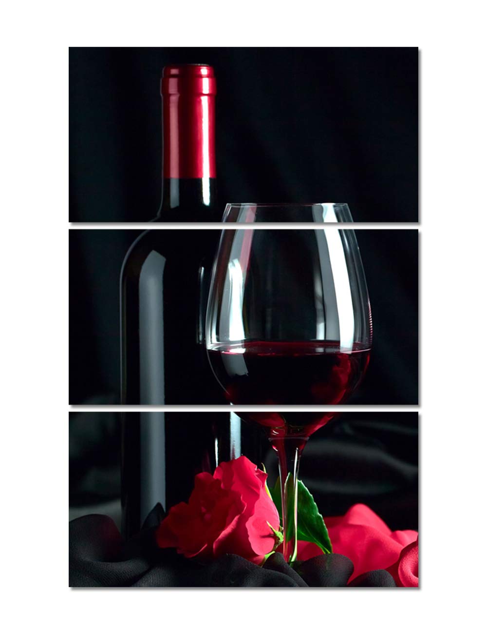 3 Piece Canvas Wall Art - Red Rose & Wine Bottles Giclee Paintings, Modern Wooden Framed Stretched Posters (60x40 Inch) for Dining Room Decor | Perfect for Home, Restaurant & Wine Bar Wall Decor