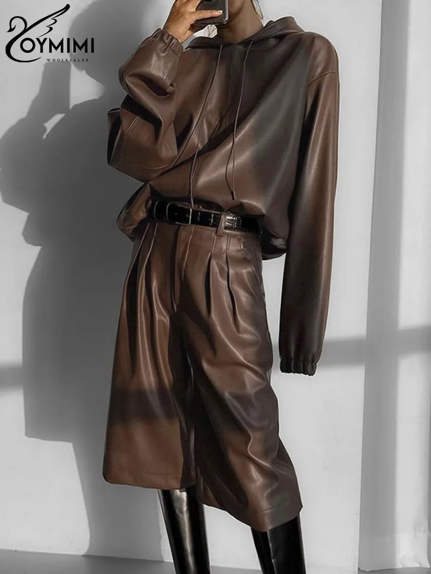Stylish Brown PU Leather 2-Piece Outfit for Women - Winter Long Sleeve Hooded Shirt with High Waist Pants Set | Perfect for Casual Wear, Office Outfits, and Winter Fashion