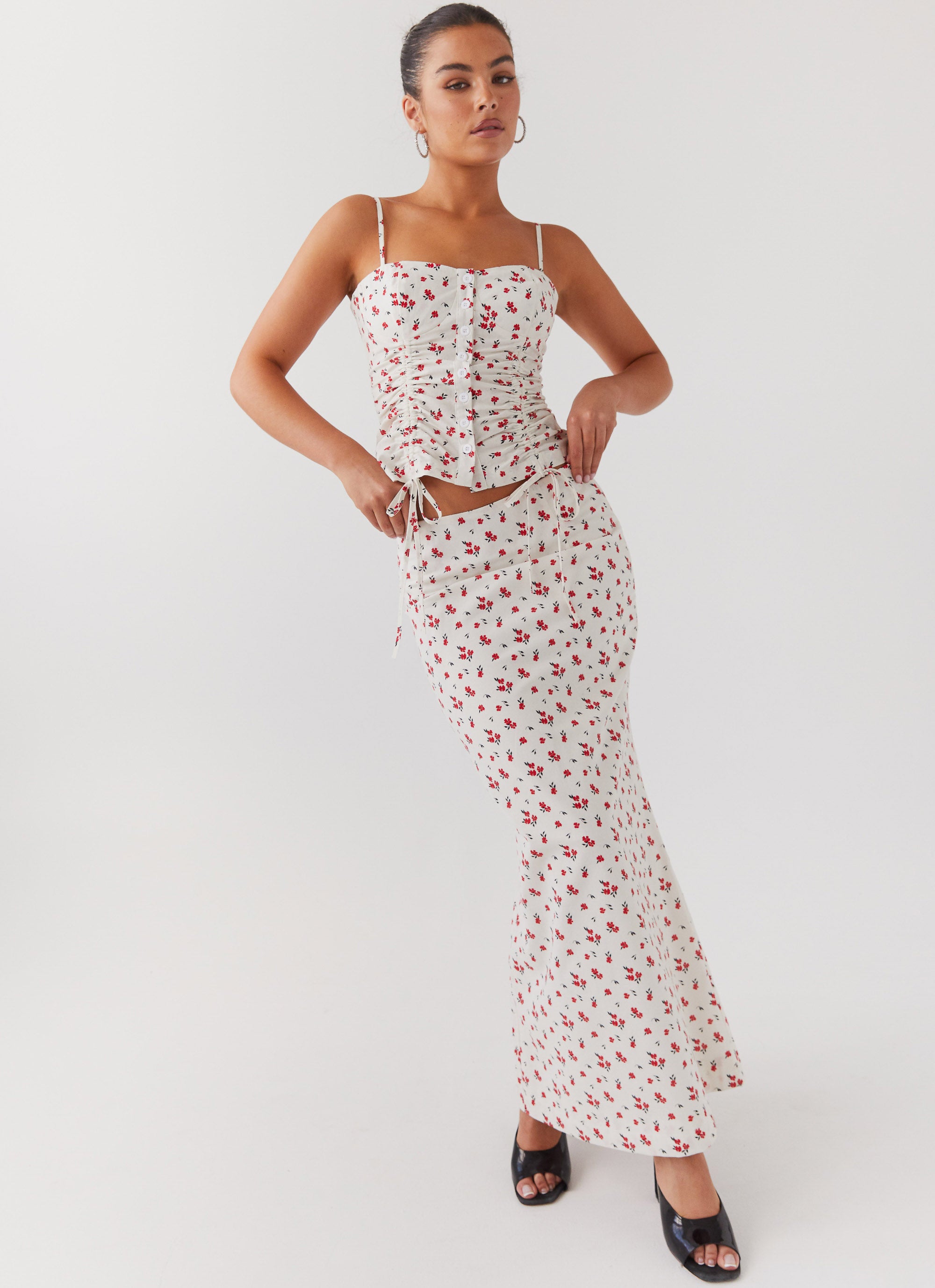 Ariana Linen Maxi Skirt - Floral Print Poppy Design | Women's Summer Beach Dress, Boho Chic Skirt for Vacation, Date Night & Outdoor Events