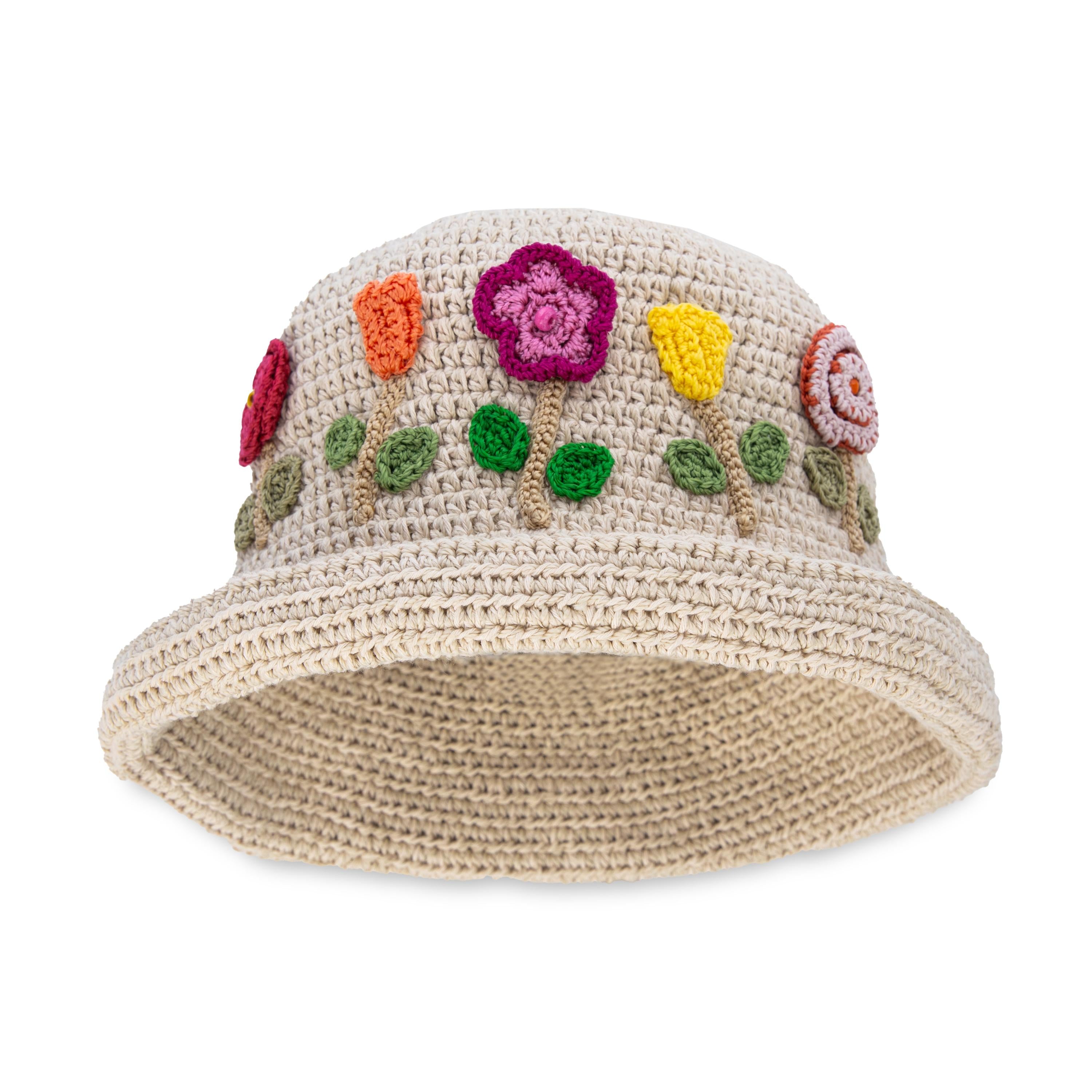 Lanie Hand Crochet Bucket Hat with Flower Design in Ecru - Perfect for Beach, Summer Outfits, and Outdoor Adventures