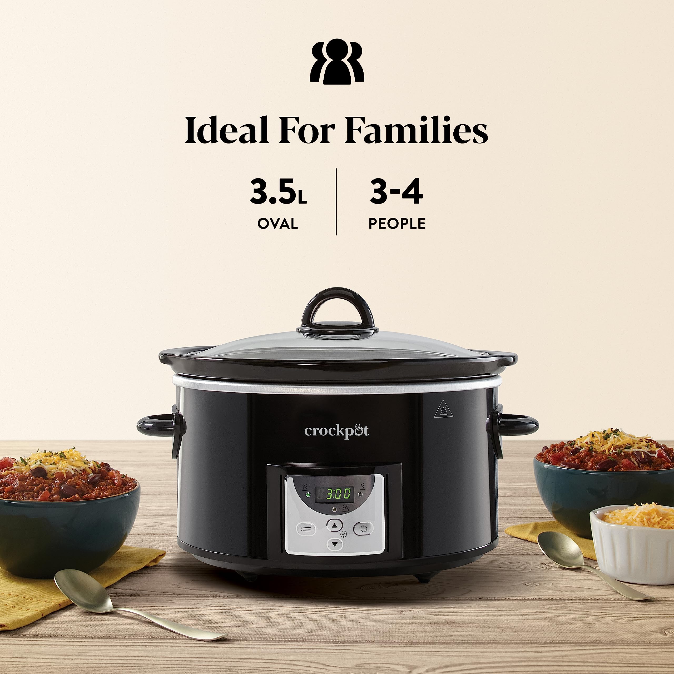 Crockpot Digital Slow Cooker 3.5L (3-4 People) - Programmable Countdown Timer with UK 3 Pin Plug - Black [CSC113] - Perfect for Family Dinners, Meal Prep & Slow Cooking Recipes