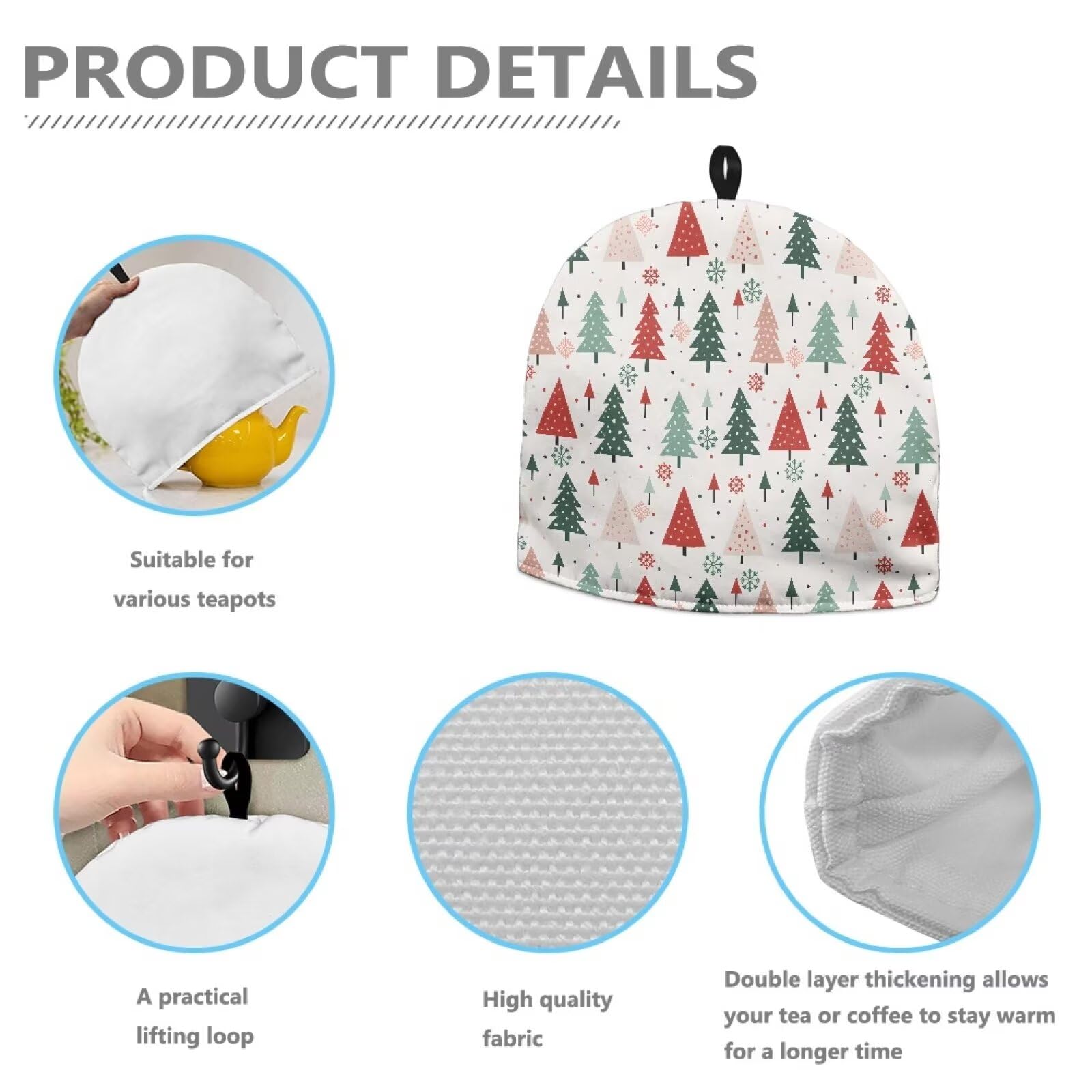 Pine Snowflake Print Tea Cozy for Teapot - Large Insulated Tea Kettle Cover - Christmas Kitchen Decor for Holiday Table Setting & Cozy Winter Tea Parties