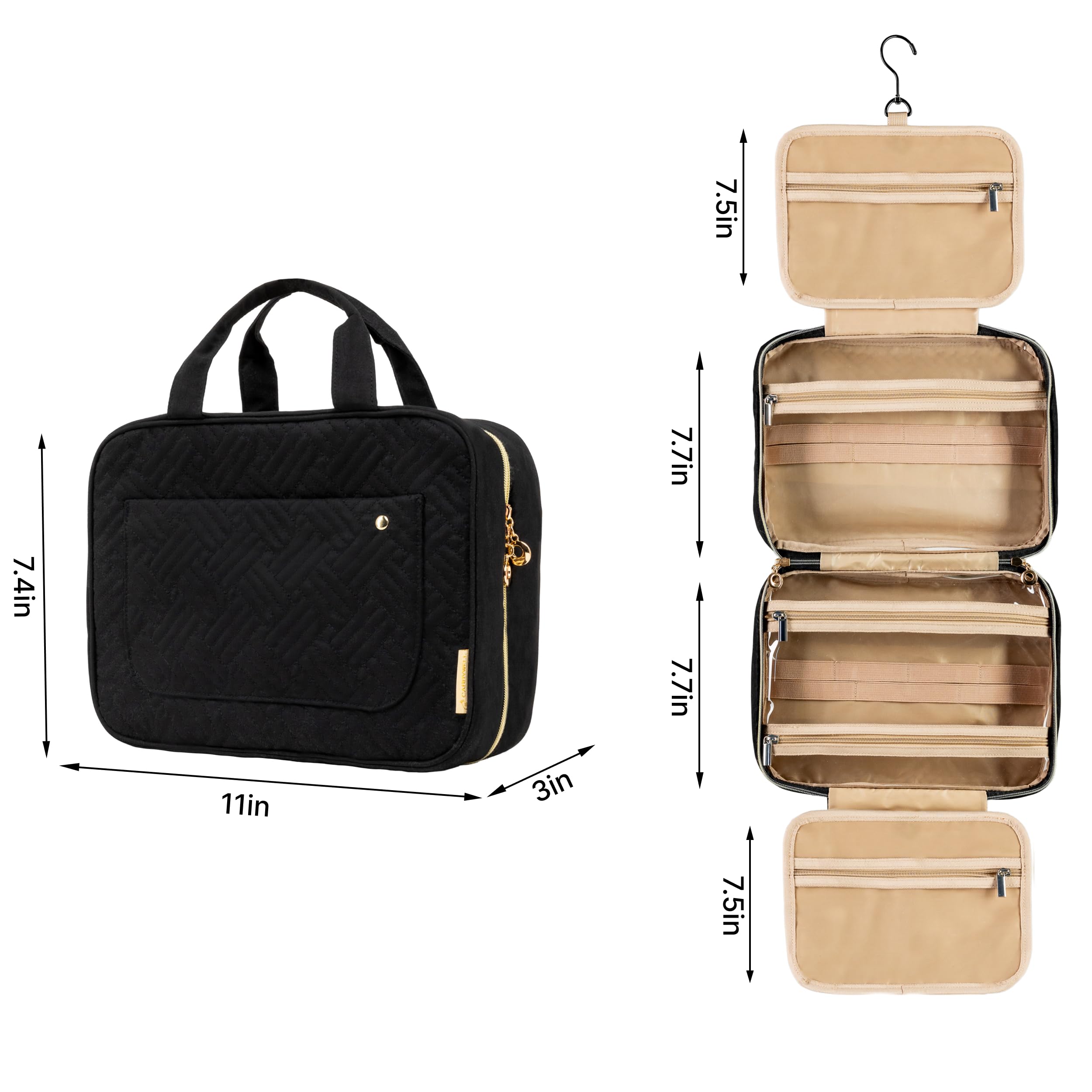 Water-Resistant Hanging Toiletry Bag for Women - Travel Makeup Organizer with Cosmetic & Brush Storage - Small Black Toiletries Bag for Vacation, Gym, Camping & Business Trips