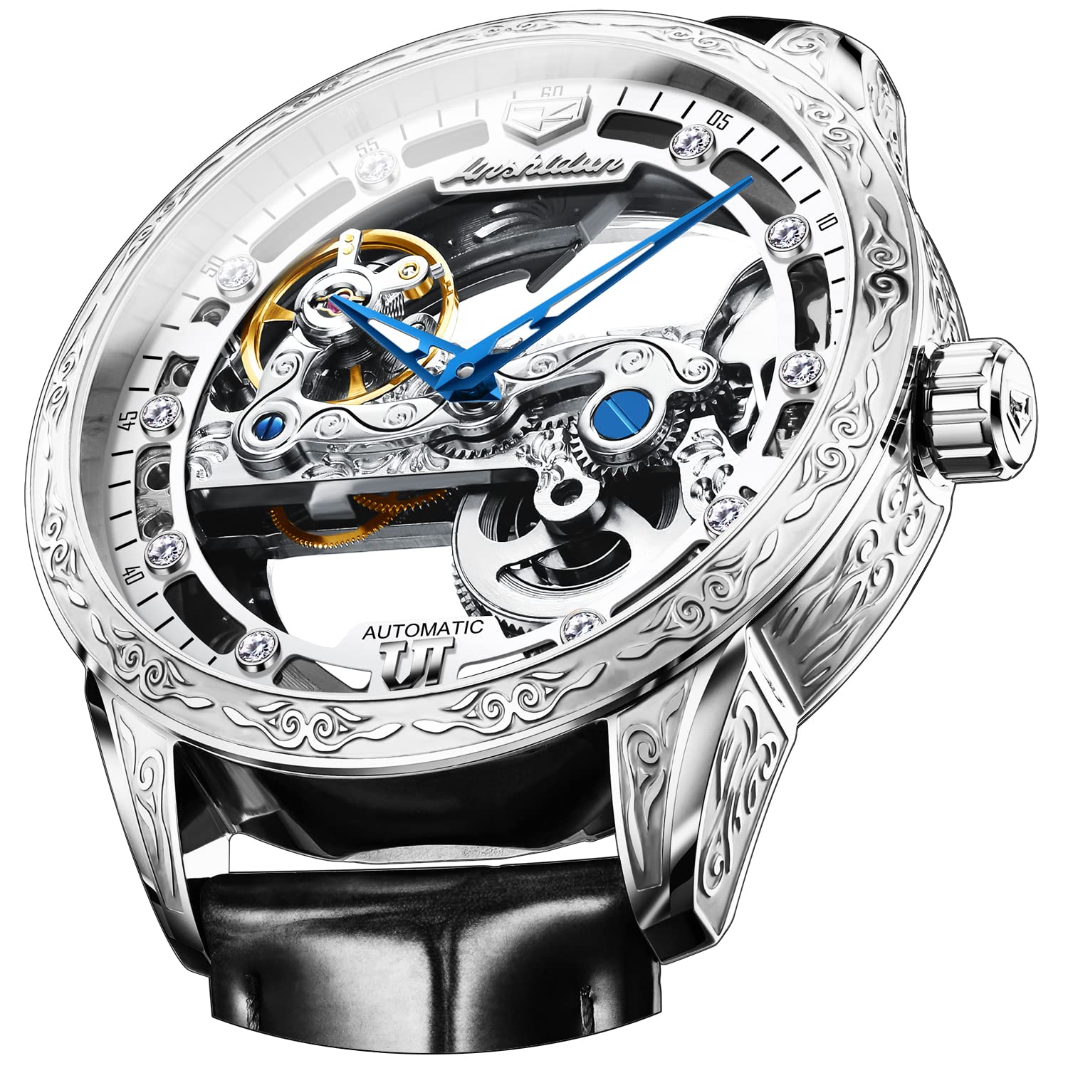 OLEVS Men's Skeleton Automatic Mechanical Watch - Self Winding, Waterproof, Luminous, Luxury Leather Strap Dress Watch for Business & Formal Occasions