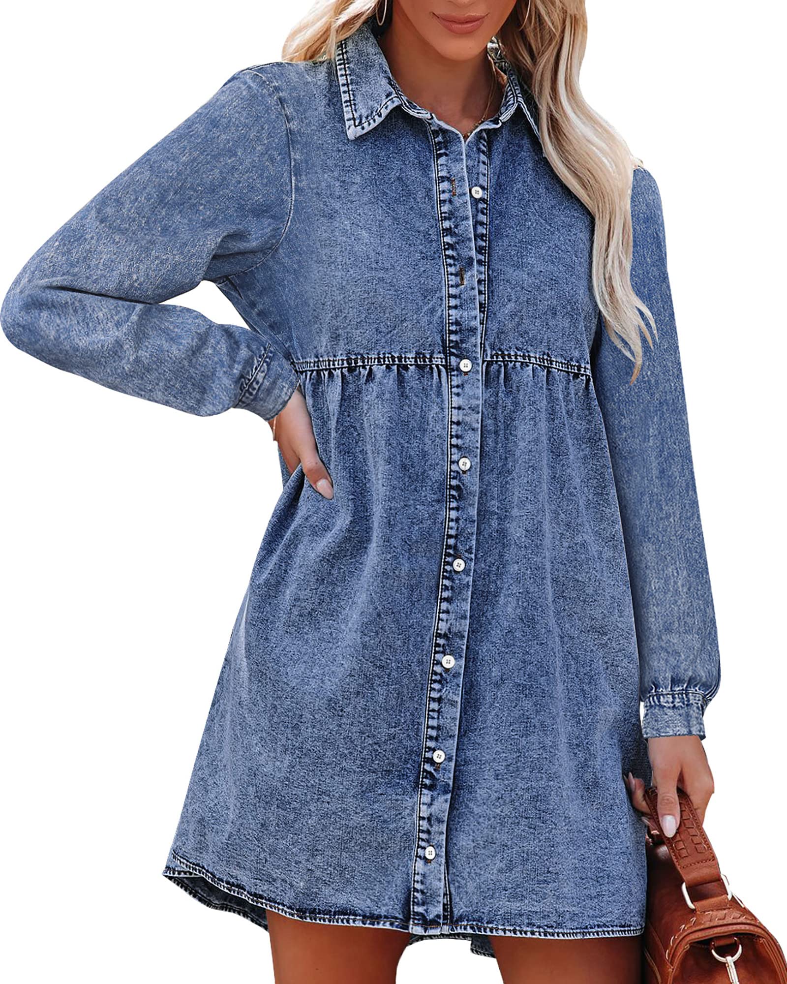 Luvamia Women's Denim Babydoll Dress - Flowy Cute Jean Shirt Dress with Long Sleeves | Casual Outfit for Spring, Date Night & Street Style Fashion