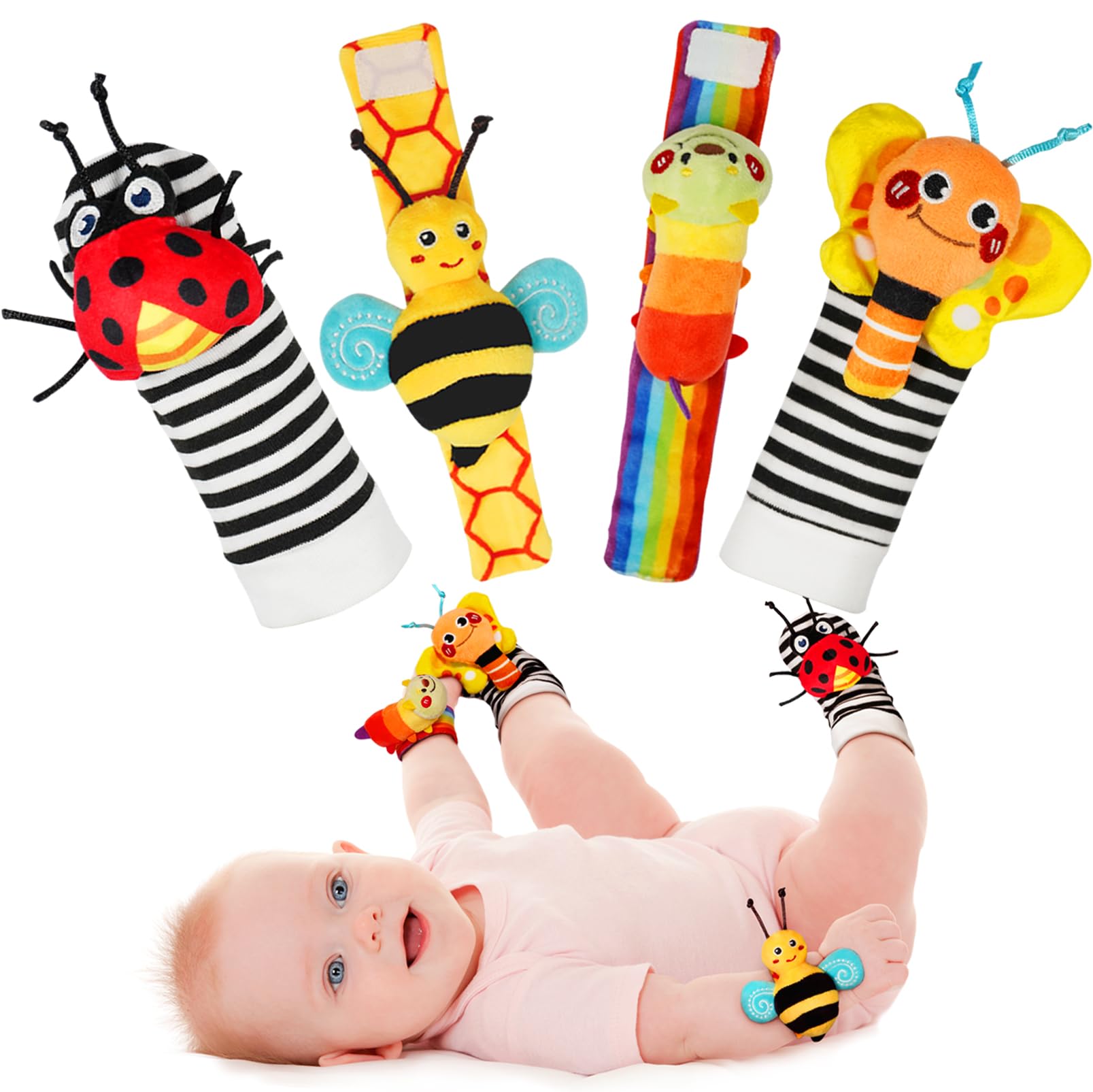 Infinno Baby Wrist Rattle Socks & Foot Finder Set - Soft Newborn Toys for 0-12 Months Boys & Girls | Garden Bug Series | Ideal Baby Shower Gift & Sensory Development Toy for Tummy Time & Playtime