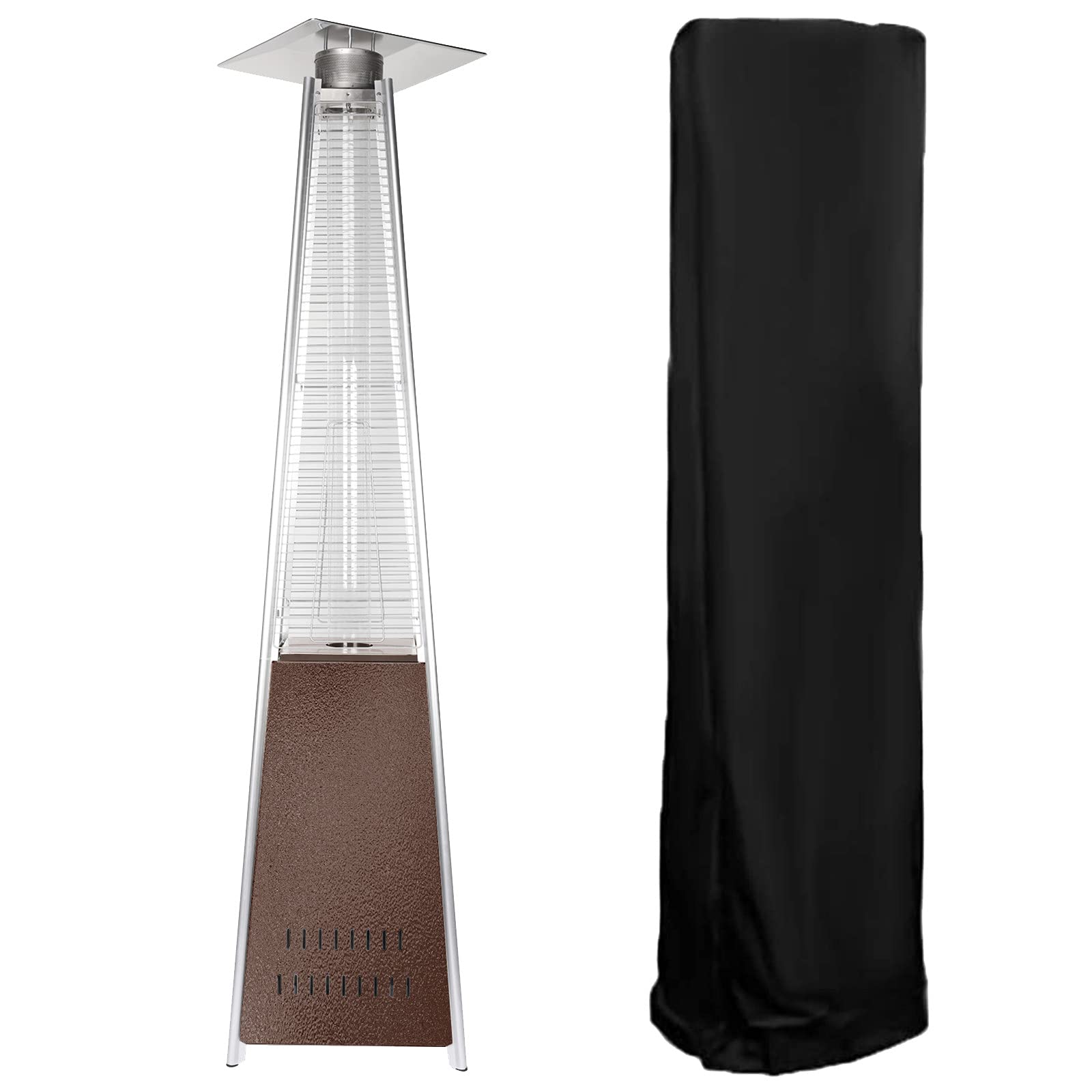 Liyang 48,000 BTU Pyramid Flame Outdoor Patio Heater with Wheels & Auto Shut-Off - Hammer Tone Gold Standing Garage Heater for Backyard, Deck, Restaurant - Includes Protective Cover & Tilt Safety Valve