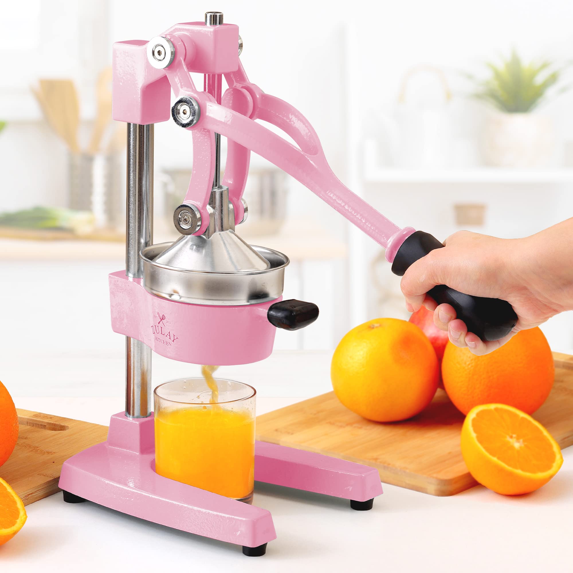 Zulay Kitchen Heavy Duty Cast Iron Orange Juice Squeezer - Professional Stainless Steel Citrus Juicer for Lemon, Lime & Grapefruit - Easy to Clean Manual Citrus Press with Sturdy Base - Perfect for Bars, Restaurants & Home Kitchen (Pink)
