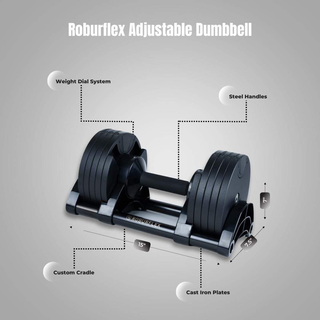 ROBURFLEX Adjustable Dumbbell - Single Dumbbell for Home Gym, Strength Training & Fitness Workouts - Perfect for Weight Lifting, Muscle Building & Full Body Exercises at Home
