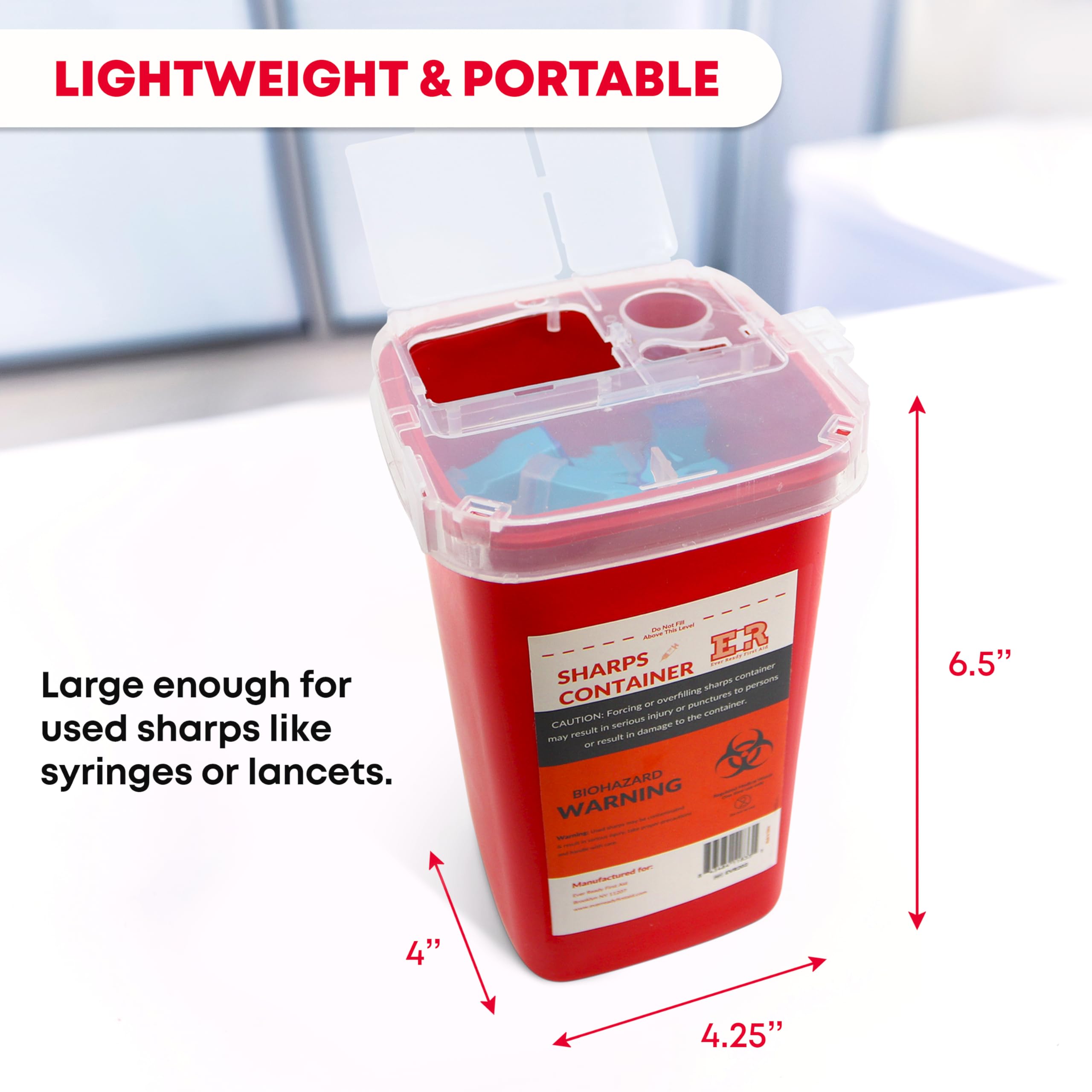 Ever Ready 1 Quart Sharps Container with Split Lid & Locking Mechanism - Safe Needle Disposal for Home, Clinic & Travel | FDA Compliant Medical Waste Bin
