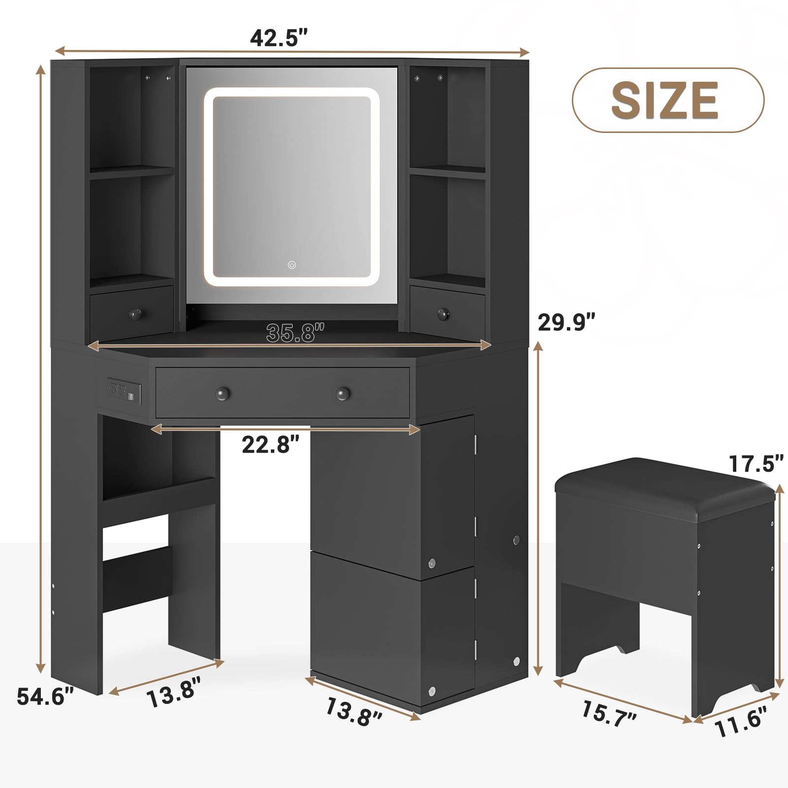 Black Corner Vanity Desk with LED Lighted Mirror, Makeup Vanity Set with USB Charging Station, Storage Stool & Rotating Shelves - Perfect for Bedroom, Dressing Room & Small Space Makeup Organization