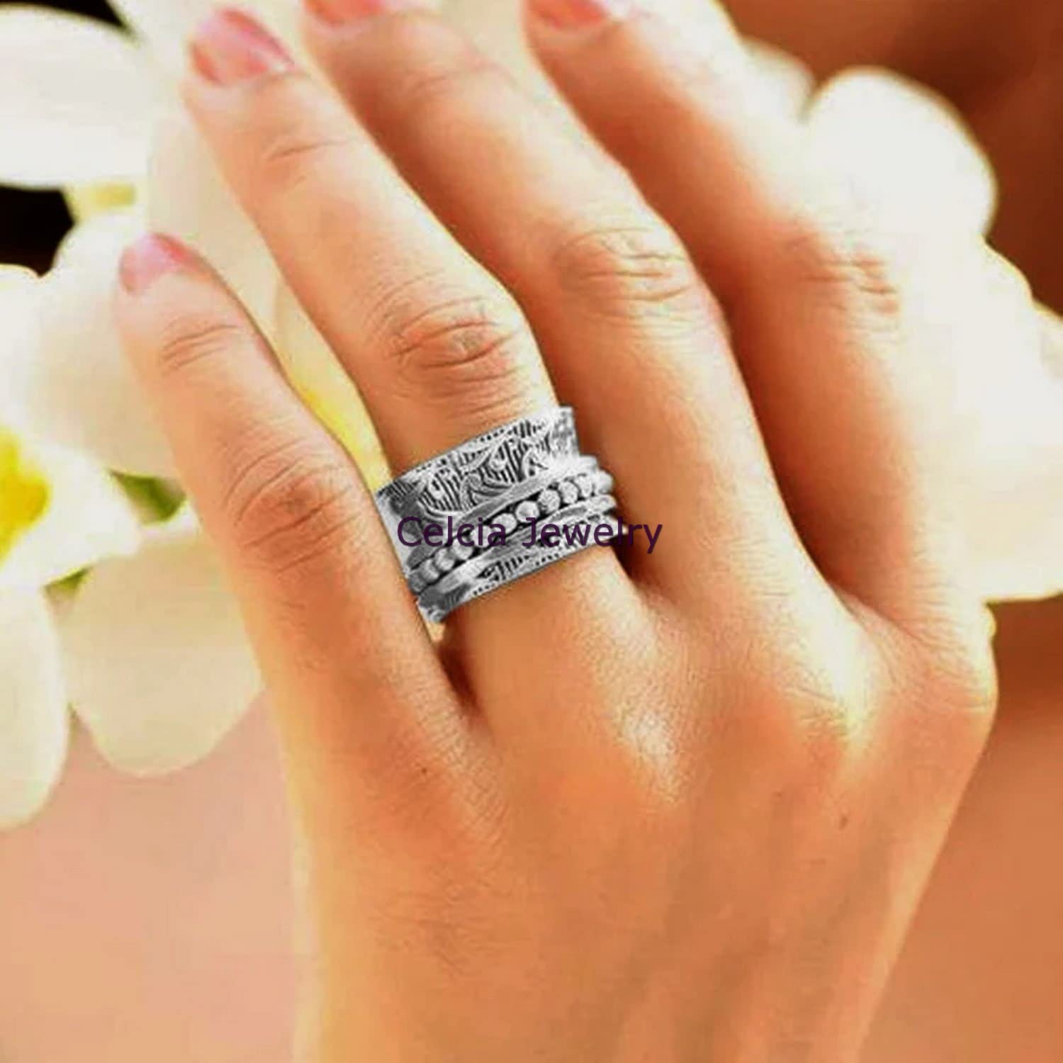 925 Sterling Silver Spinner Ring for Anxiety Relief - Handmade Meditation & Fidget Jewelry for Women & Men - Worry Thumb Band with Floral Design - Perfect Anniversary Gift (US Size 7) | Stress Relief, Office Focus, Mindfulness Practice