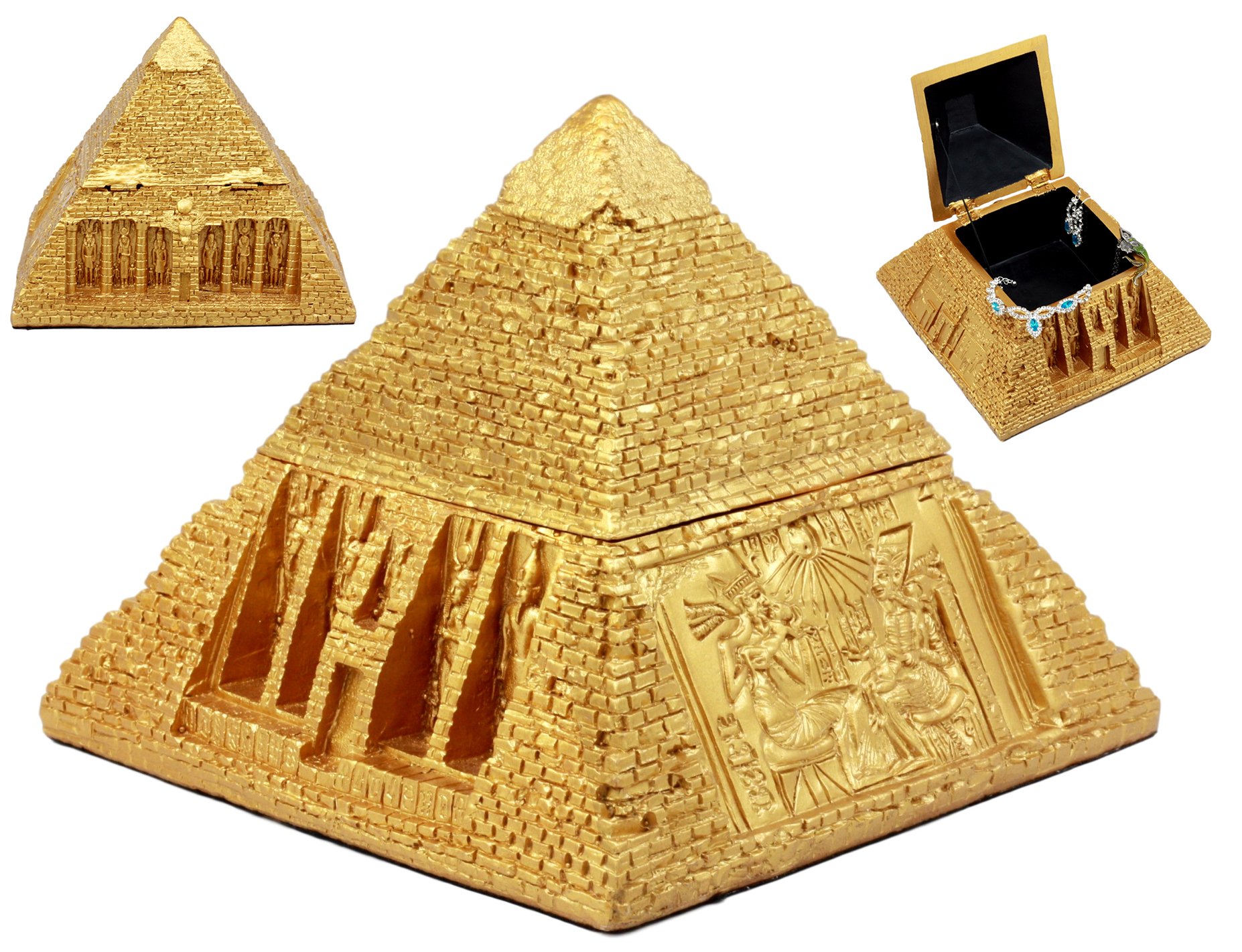 Ebros Golden Ancient Egyptian Gods Carved Pyramid Jewelry Box - Hinged Trinket Storage with Hieroglyphic Designs - Perfect for Home Decor, Gift Giving & Jewelry Organization