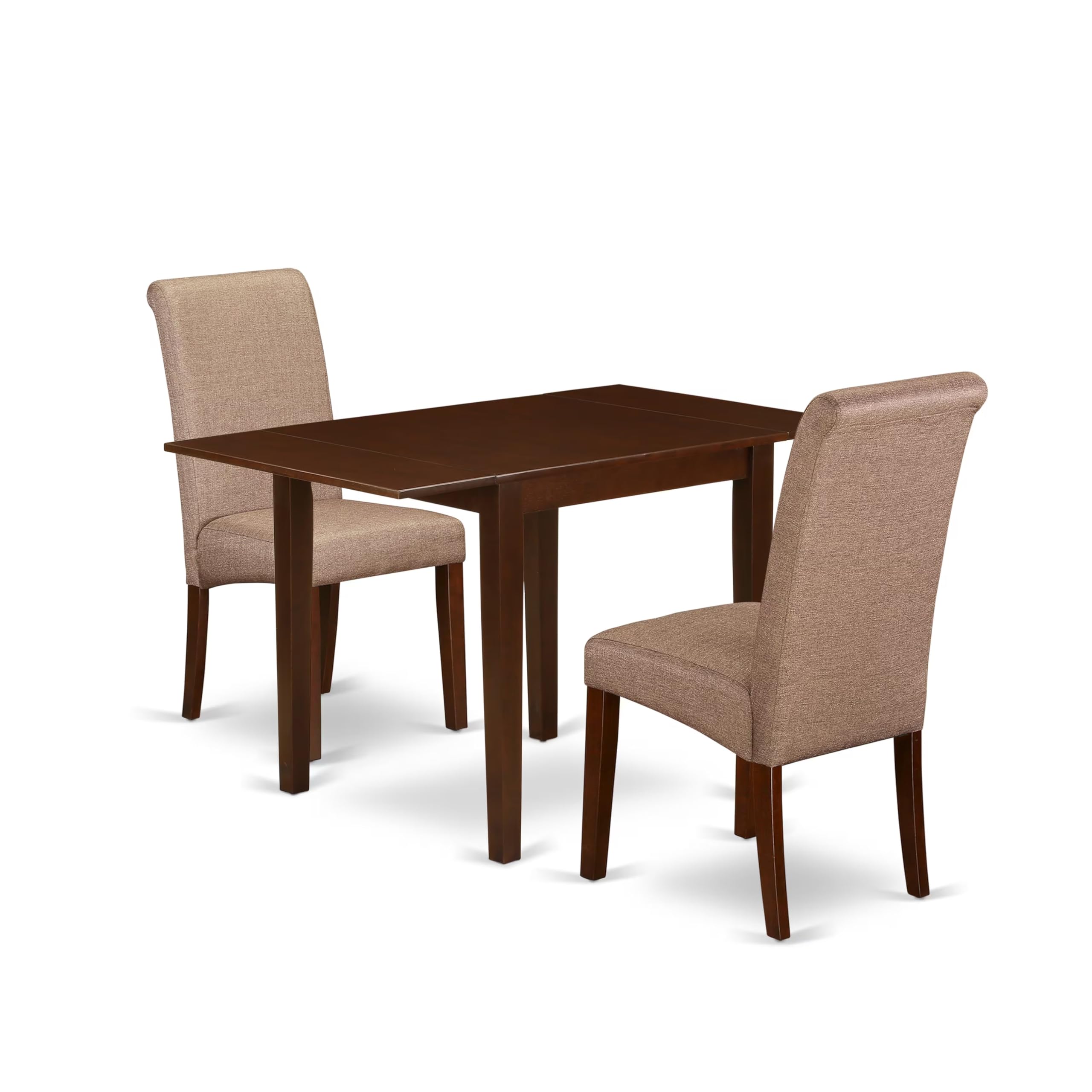 East West Furniture 3-Piece Kitchen Table Set with Drop-Leaf Dining Table & 2 Brown Linen Parson Chairs, 30x48 Inch, Mahogany - Perfect for Small Spaces, Breakfast Nooks & Cozy Dining Areas