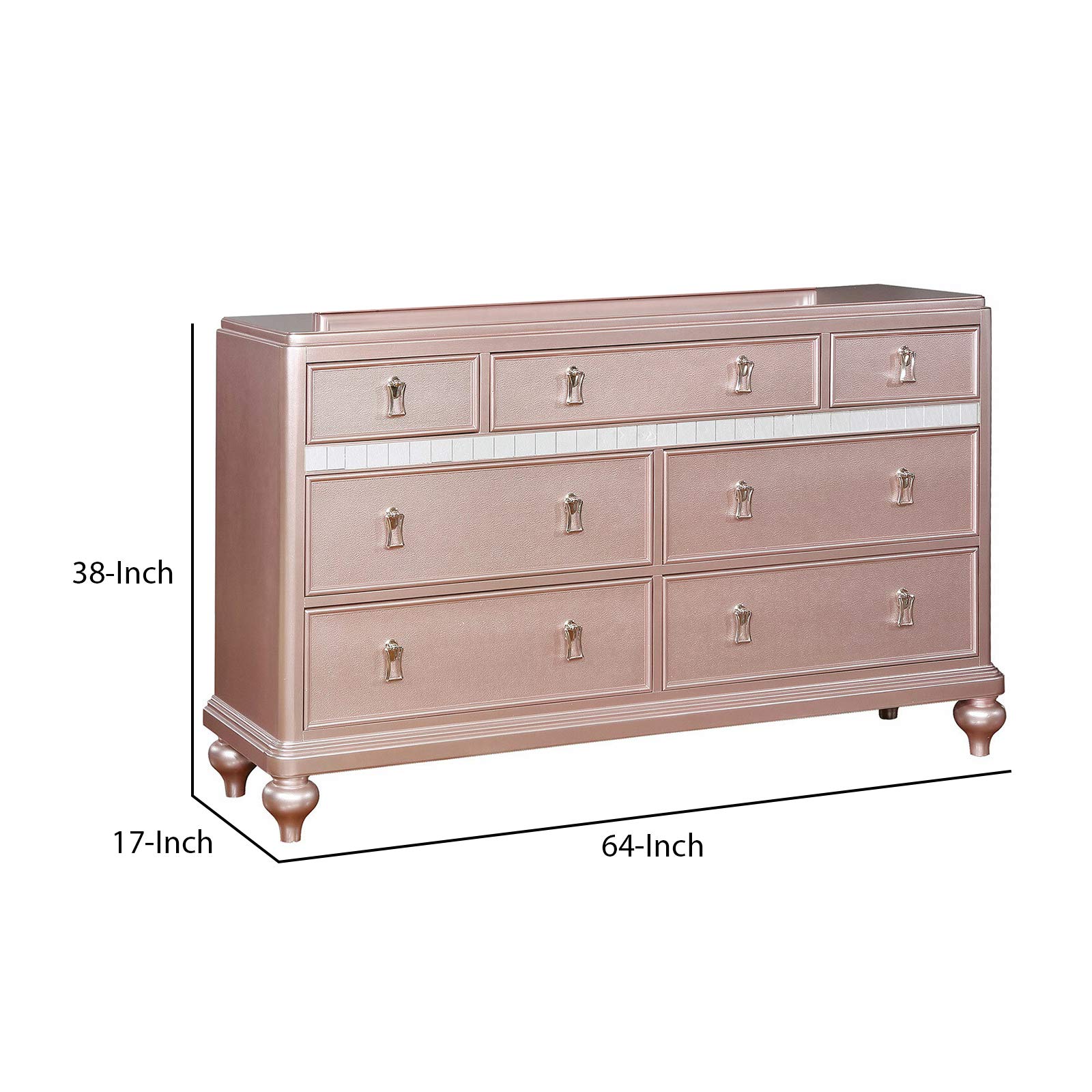 Benjara 7-Drawer Wooden Dresser with Mirror Panel Inserts in Rose Gold - Perfect for Bedroom Storage & Organization