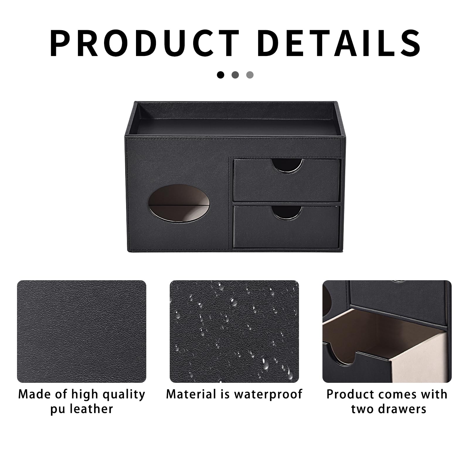 Square Tissue Box Cover with Drawers & Storage Tray - Makeup Organizer & Desk Organizer - Decorative Tissue Holder for Bathroom, Vanity, Nightstand & Dressing Table (Black) - Perfect for Home, Office & Bedroom Organization