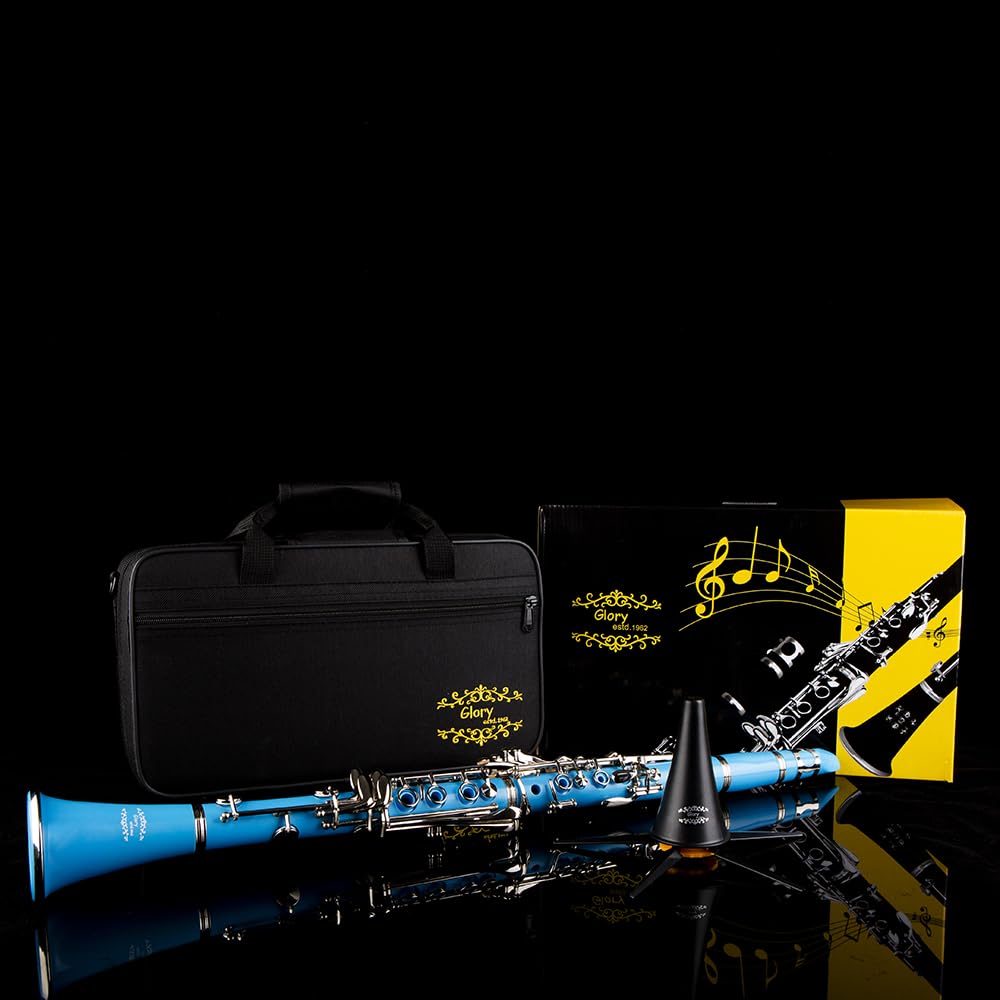 Professional Ebonite Bb Clarinet with 10 Reeds, Stand, Hard Case & Accessories - Light Blue/Silver | Ideal for Students, Beginners & Professional Musicians | Band, Orchestra & Solo Performances