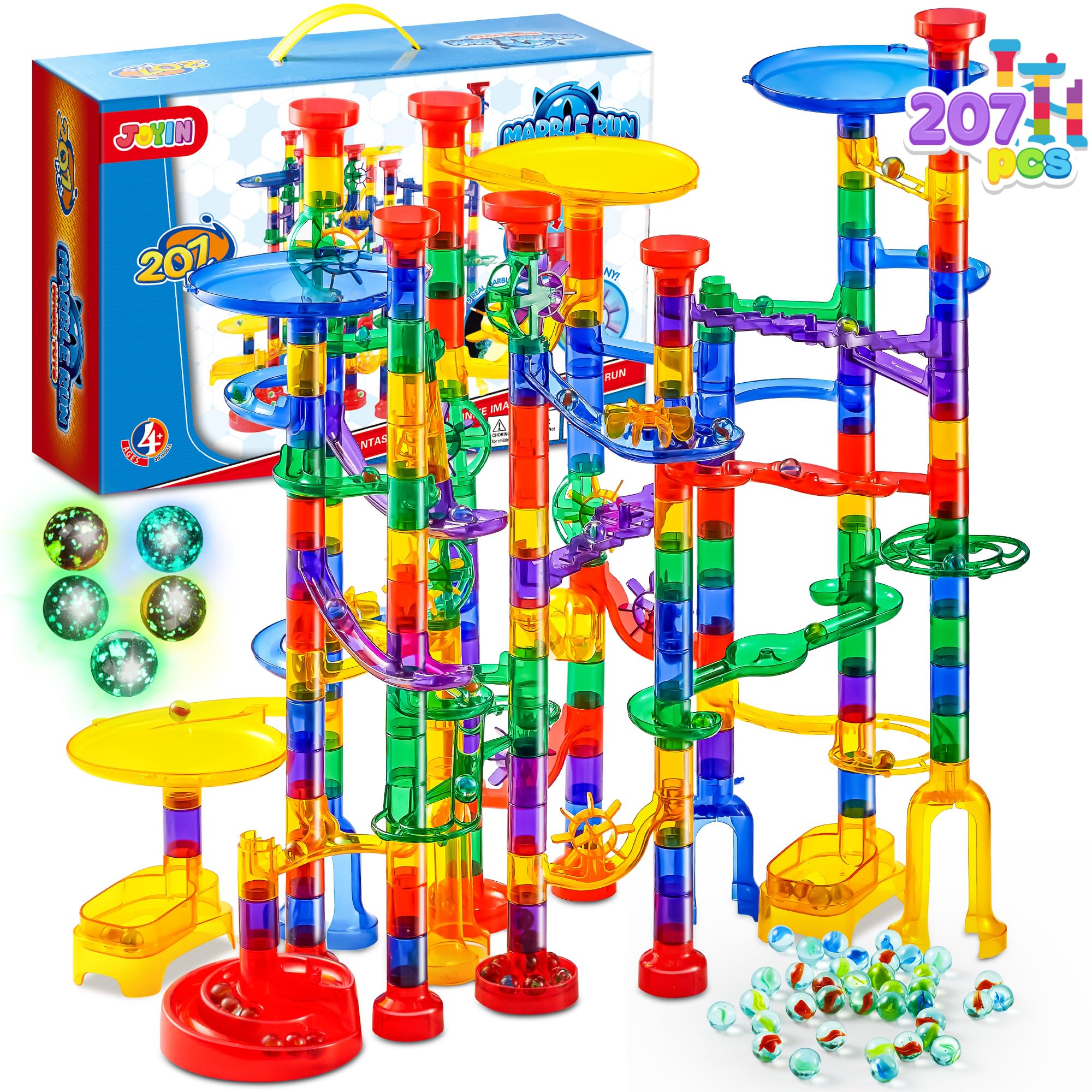 JOYIN 207Pcs Glow in The Dark Marble Run Track Set - STEM Educational Building Blocks Construction Toy with 5 Glowing Glass Marbles for Kids (147 Plastic Pieces + 60 Glass Marbles) | Perfect for Birthday Gifts, Classroom STEM Activities & Family Game Night