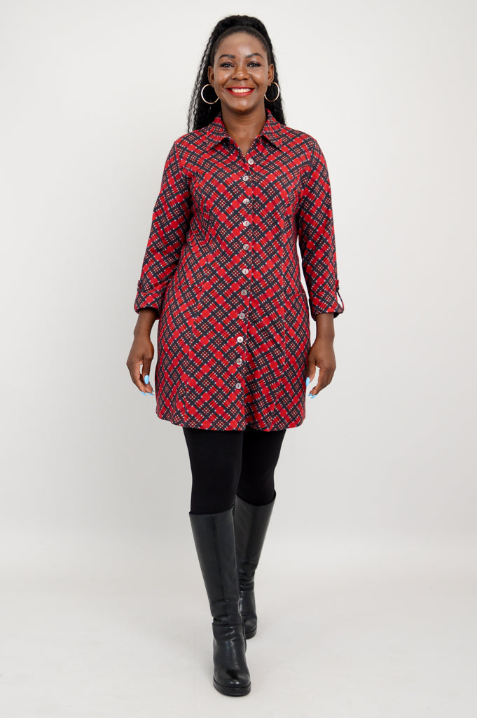 Charlie Tunic - Cherry Plaid Bamboo V-Neck Top | Women's Casual Blouse for Work & Weekend | Breathable & Comfortable Summer Outfit