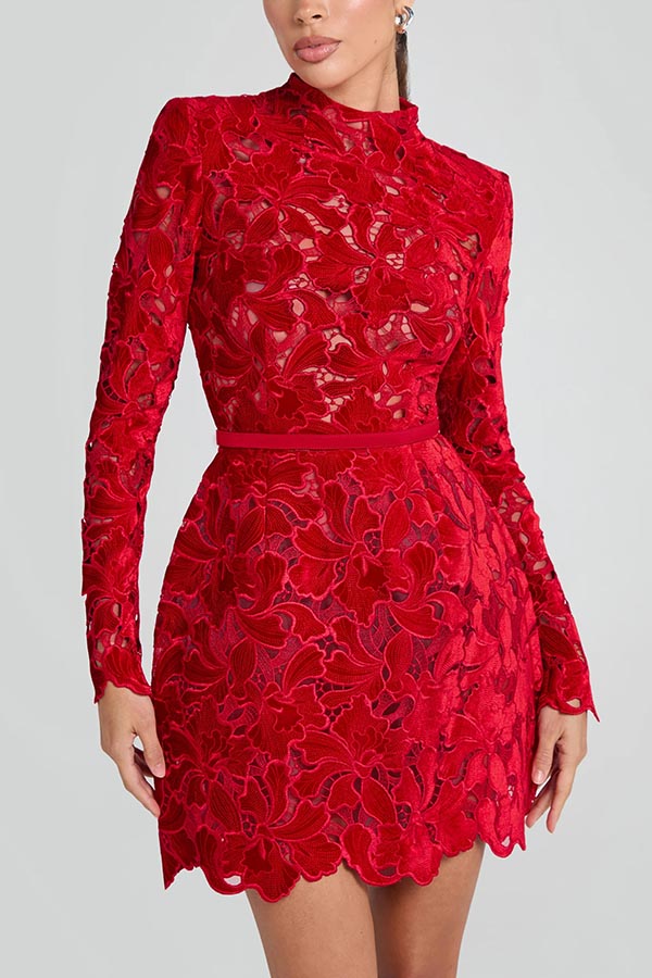 Lydia Embroidered Floral Lace Long Sleeve Belted Tulip Mini Dress for Women | Elegant Party, Wedding Guest & Special Occasion Outfit