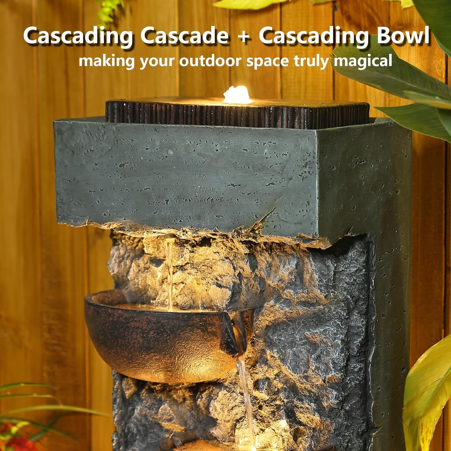 Outdoor Garden Water Fountain with Cascading Bowl & LED Lights - 43in Floor Standing Waterfall Fountain with Pump & Natural Stones for Patio, Yard, Living Room Decor - Perfect for Relaxation & Home Ambiance