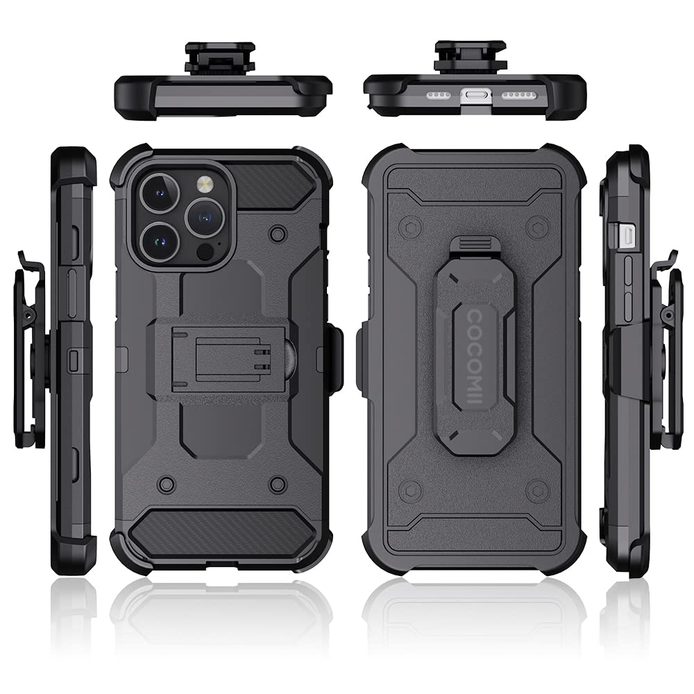 COCOMII Heavy Duty Military Grade Belt Clip Holster Case for iPhone 12 Pro Max (6.7 inch) - Face Inward/Outward Design with Kickstand - Perfect for Outdoor Work, Construction & Active Lifestyle - Black