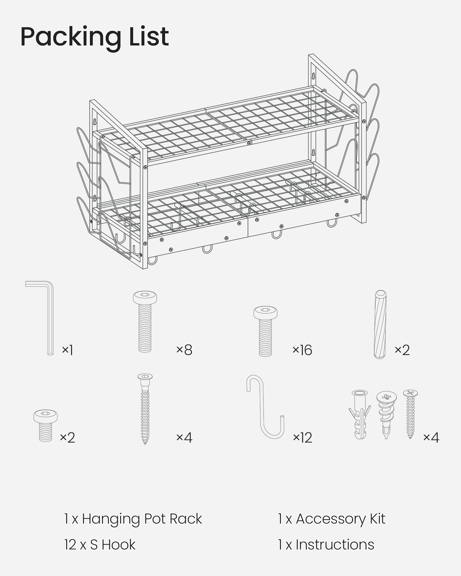 2-Tier Wall Mounted Hanging Pot Rack with 12 Hooks - Rustic Brown Kitchen Organizer for Pots, Pans & Utensils | Space-Saving Storage Solution for Small Kitchens & Apartment Cooking Areas