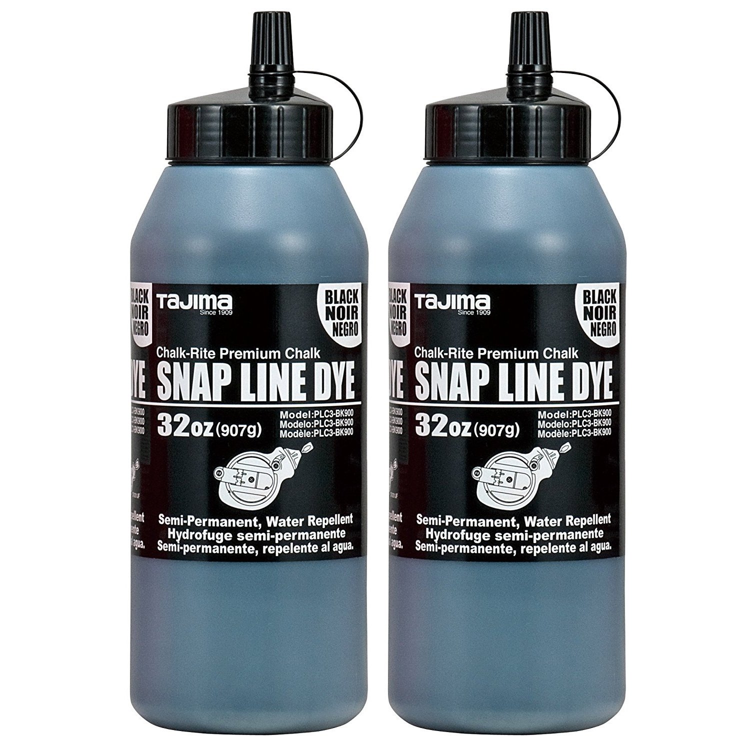 Tajima Marking Chalk - Black (2-Pack) - 32oz Semi-Permanent Chalk-Rite Dye with Durable Bottle & Easy-Fill Nozzle - Ideal for Construction, Sewing & Fabric Marking - PLC3-BK900