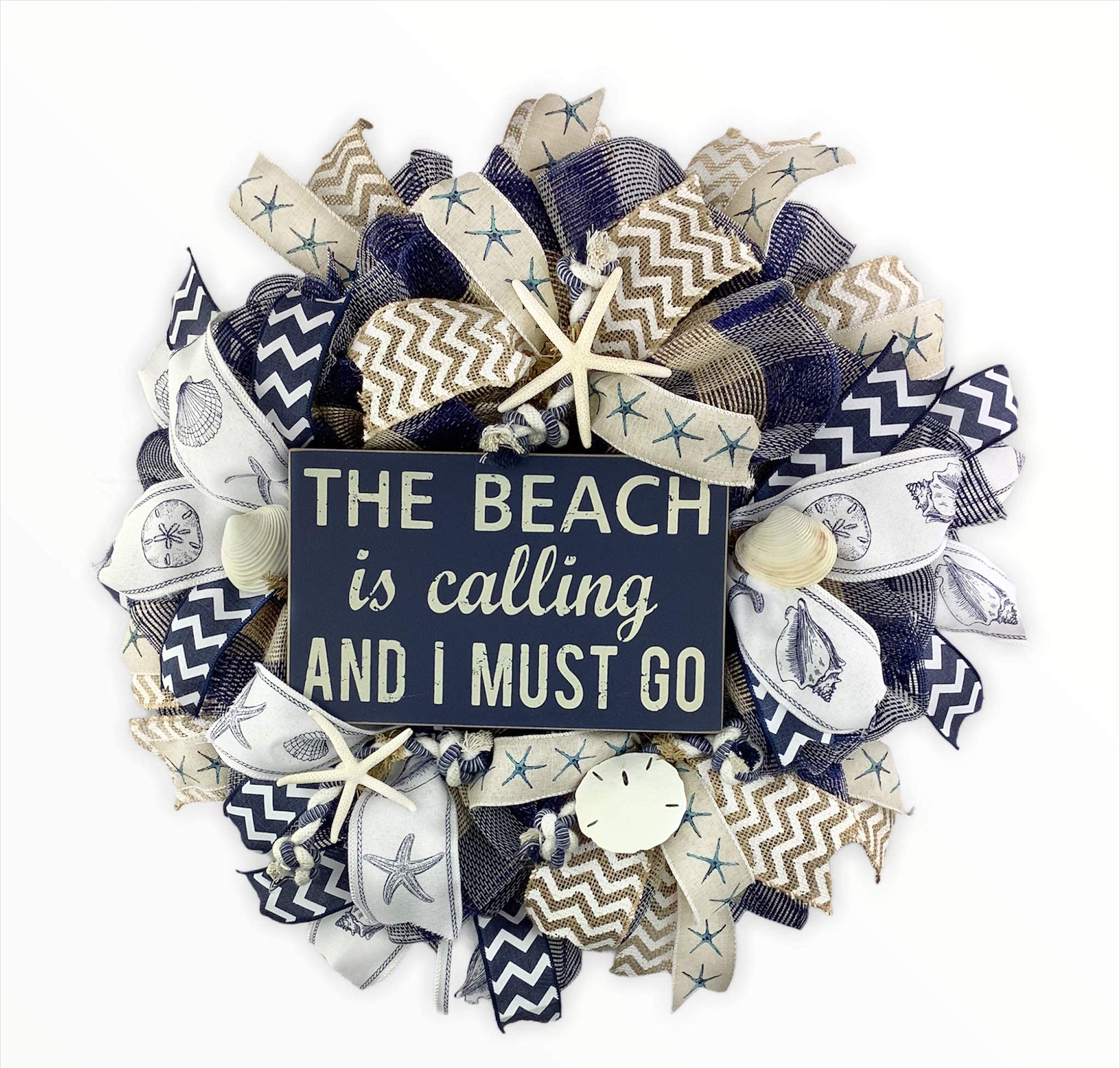 Handmade 20x20x6 Inch Coastal Wreath - Navy/Tan Plaid Jute Mesh with Seashells, Sand Dollar & Starfish - Nautical Beach Decor for Front Door, Wall, or Cottage Style Home - Perfect for Summer, Vacation House & Coastal Living