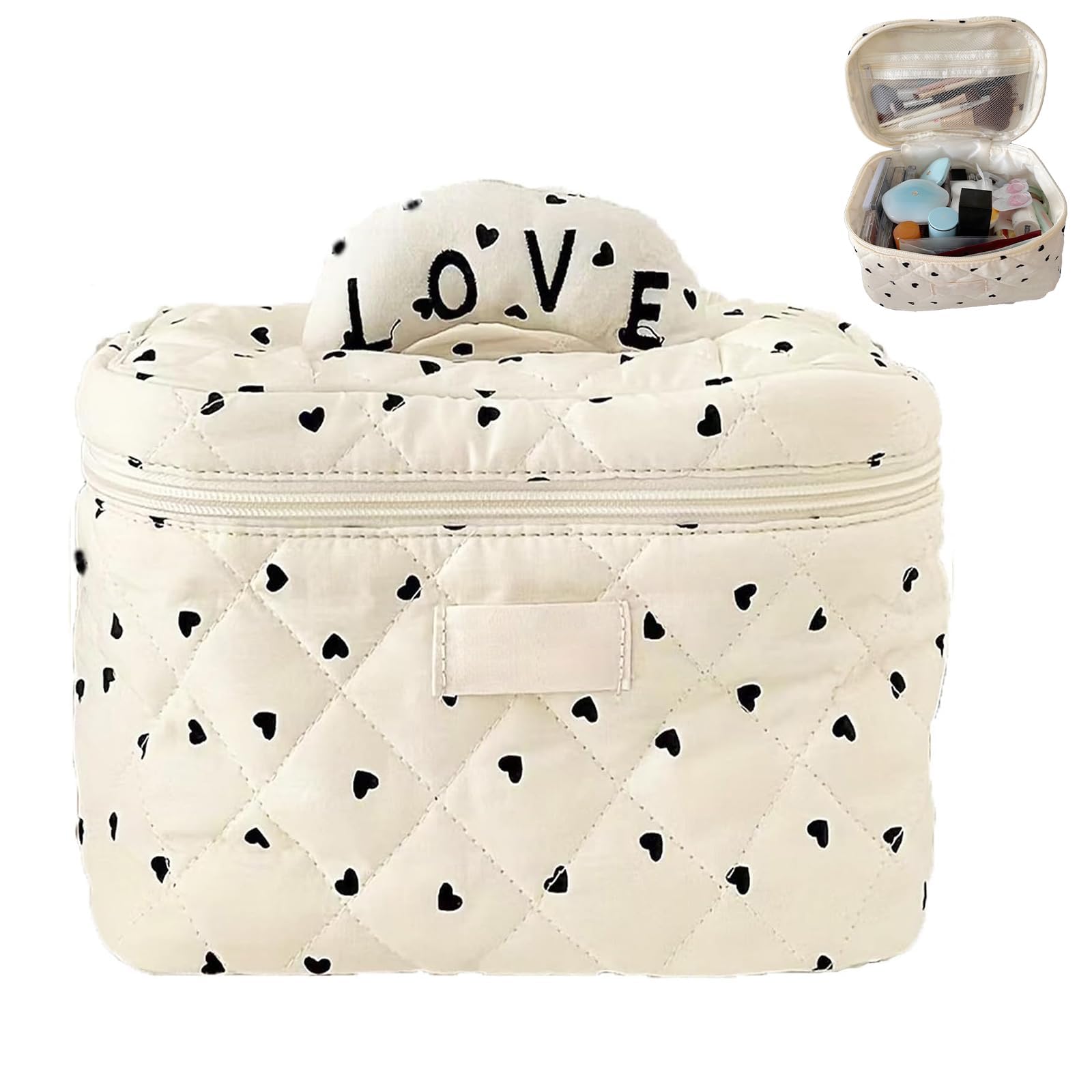 Quilted Makeup Bag for Women - Large Heart Pattern Cosmetic Organizer, Soft Cotton Toiletry Travel Bag with High Capacity (Black) | Perfect for Travel, Gym, and Daily Cosmetics Storage