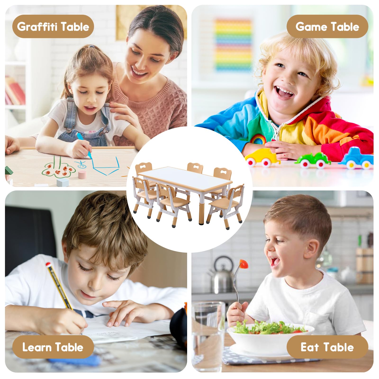 Best Kids Table and Chairs Set for 5-8 Year Olds - Toddler Table with 6 Chairs, 24 Leg Covers & 12 Color Pens - Perfect for Playroom, Classroom, and Home Learning Activities