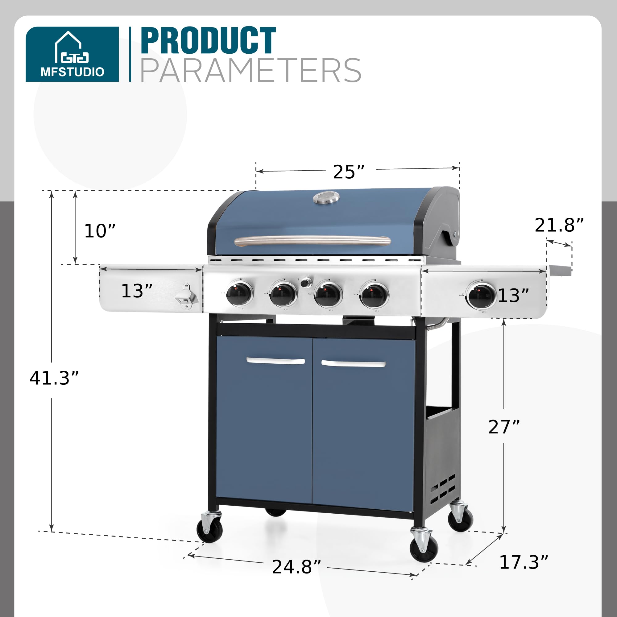 MFSTUDIO 4-Burner Propane Gas Grill - Stainless Steel BBQ Grill with Side Burner & Porcelain-Enameled Cast Iron Grates | High Output Outdoor Cooking Grill for Backyard, Patio, Camping & Tailgating Parties | Blue
