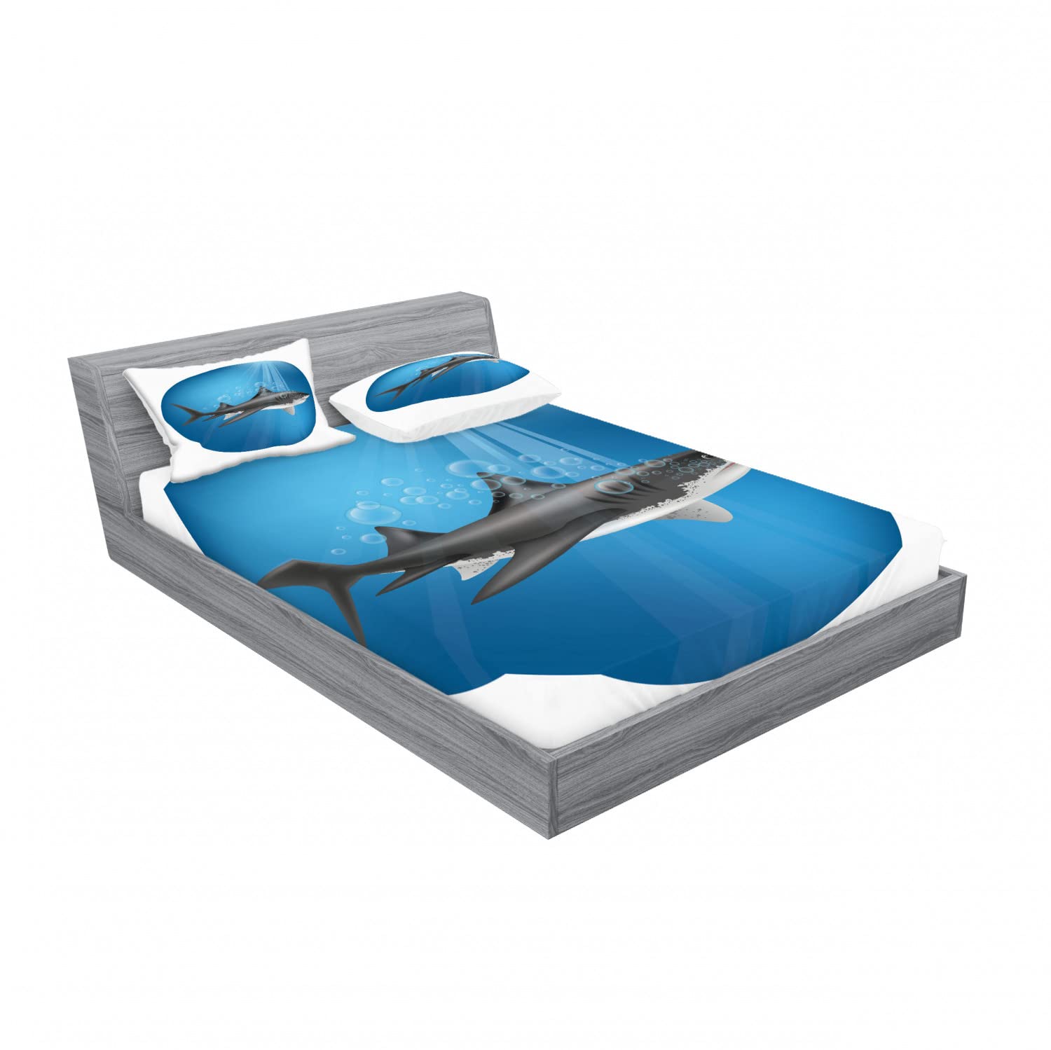 Ambesonne 2-Pack Queen Size Fitted Sheet Set with 4 Pillow Shams - Shark Underwater Hunter Theme Blue Grey Ocean Bedding - Perfect for Kids' Rooms, Beach Themed Decor & Shark Lovers