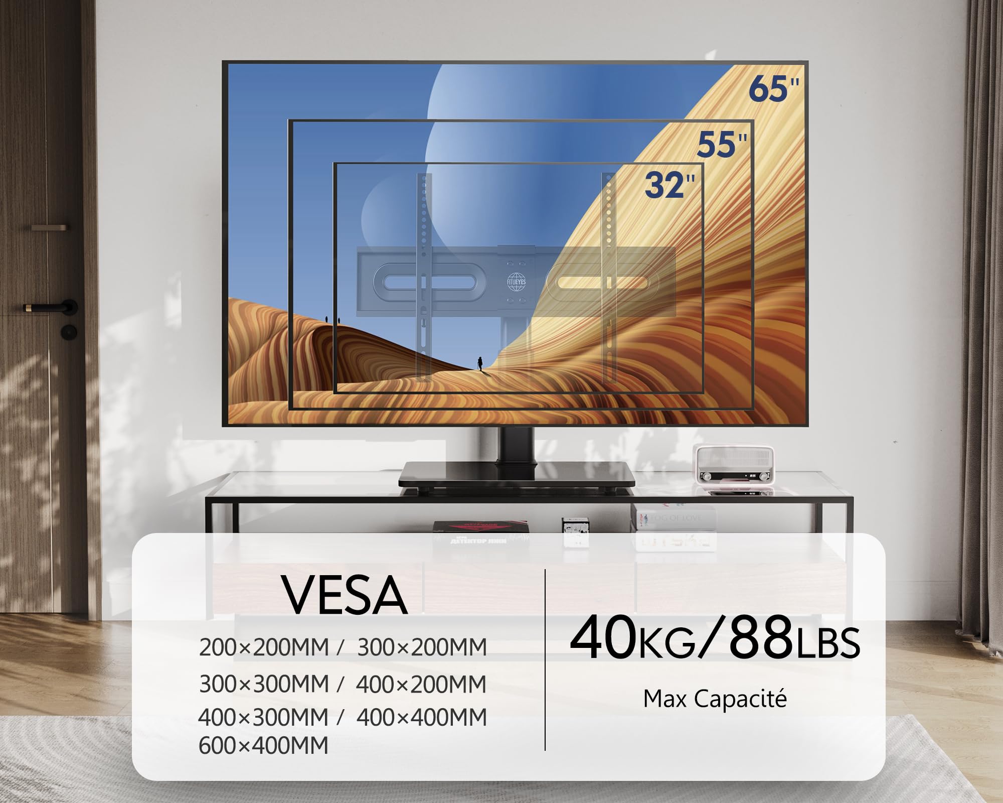 FITUEYES Adjustable Height TV Stand with Swivel ±40° for 32-65 Inch Screens - Max Load 40kg, VESA 400x600mm - Perfect for Living Room, Bedroom & Home Theater Setup