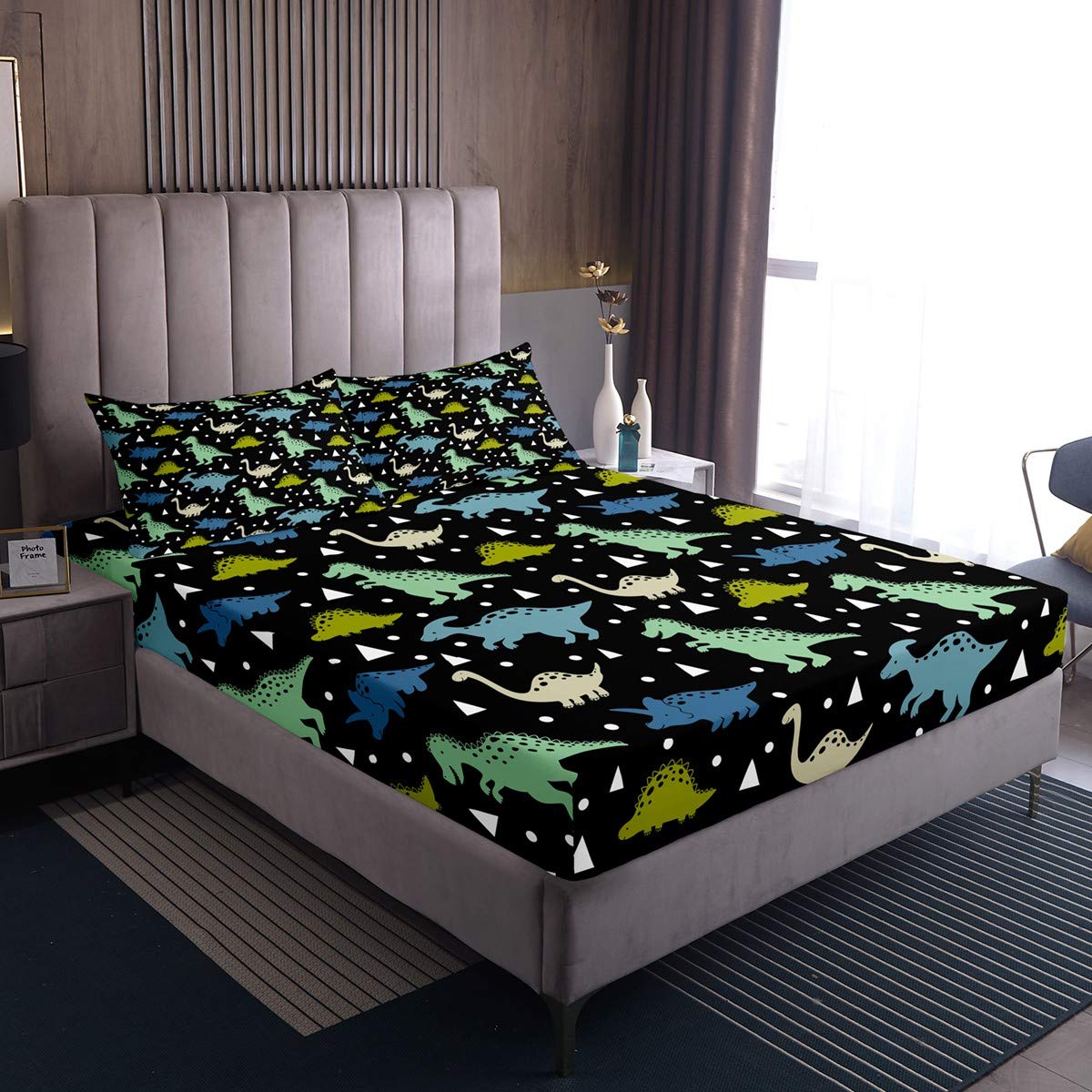 Dino Kids Fitted Sheet Set - Blue Green Queen Size for Boys & Girls Bedroom