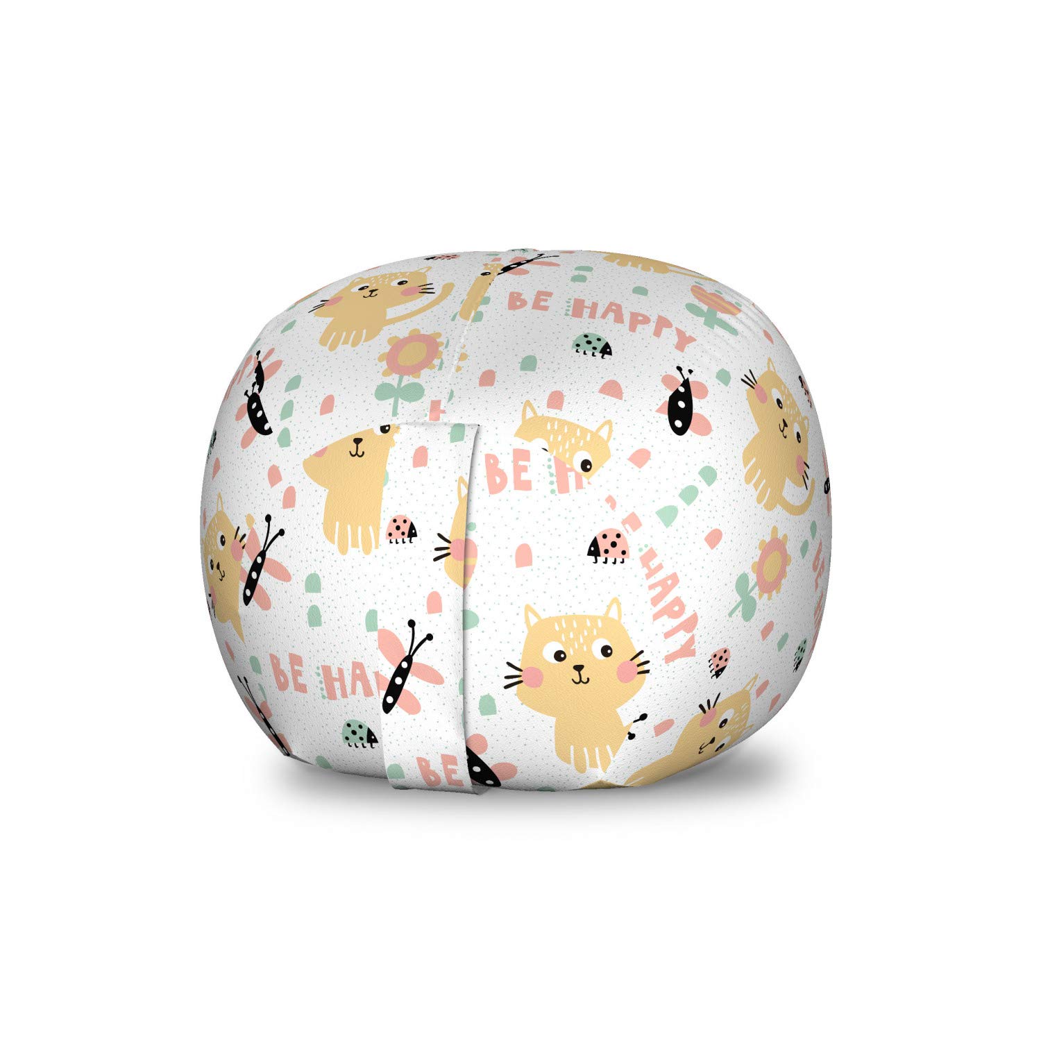 Ambesonne Cartoon Toy Storage Bag Chair - Pastel Kitten, Butterfly, Ladybug & Flower Design - Washable Stuffed Animal Organizer for Kids Room - Small Multicolor Kids Furniture for Playroom & Nursery Organization