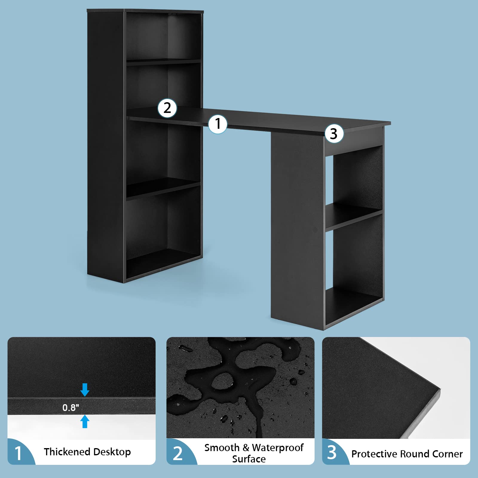 Tangkula Black Modern Computer Desk with Bookshelf - Compact Writing Study Desk with Storage Shelves & CPU Stand - Space-Saving Home Office Workstation for Small Spaces, Gaming & Remote Work