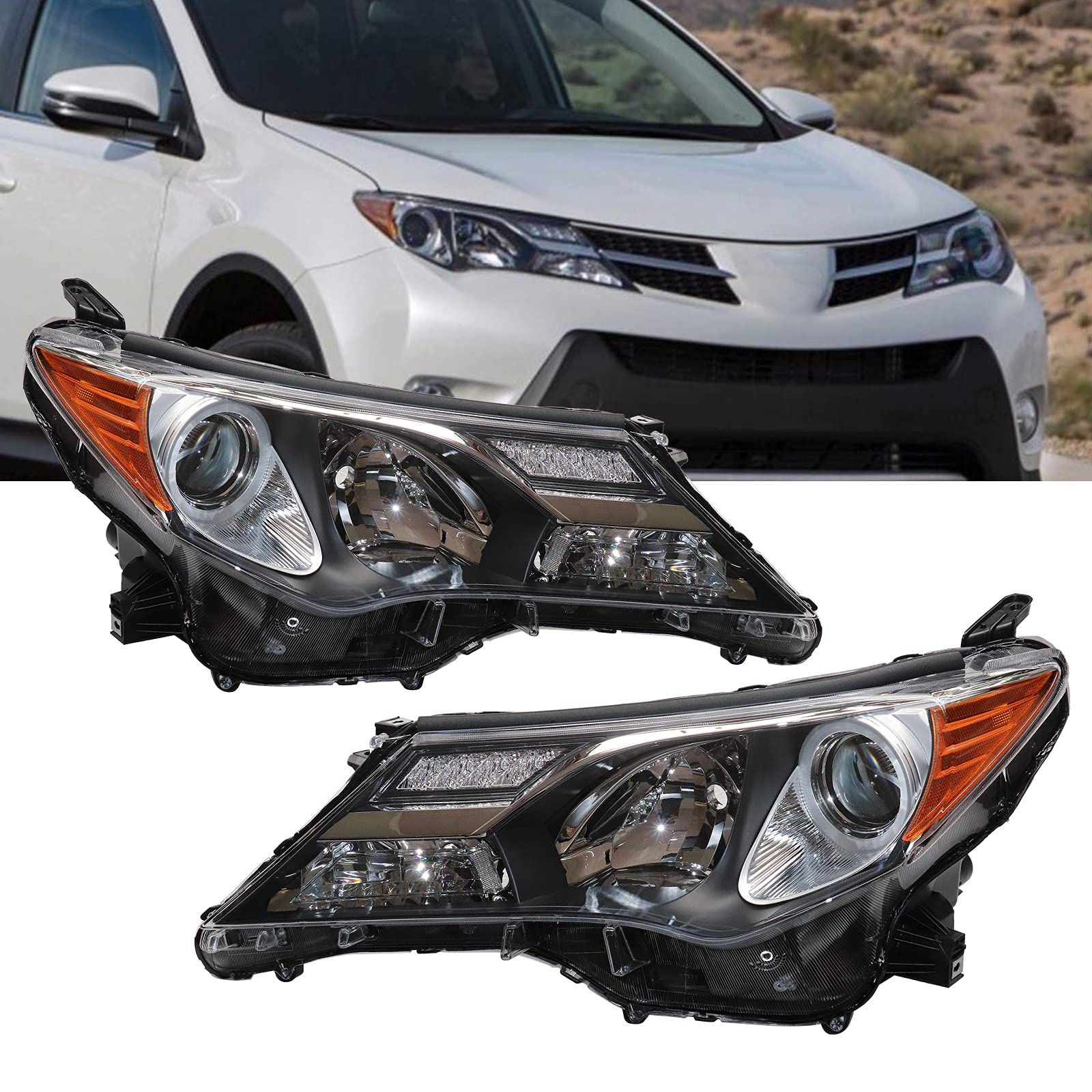 LOYALHEARTDY Projector Headlight Assembly for 2013-2015 Toyota RAV4 - Chrome Housing & Clear Lens - Driver & Passenger Side (Left+Right Pair) - Perfect for Night Driving & Off-Road Adventures
