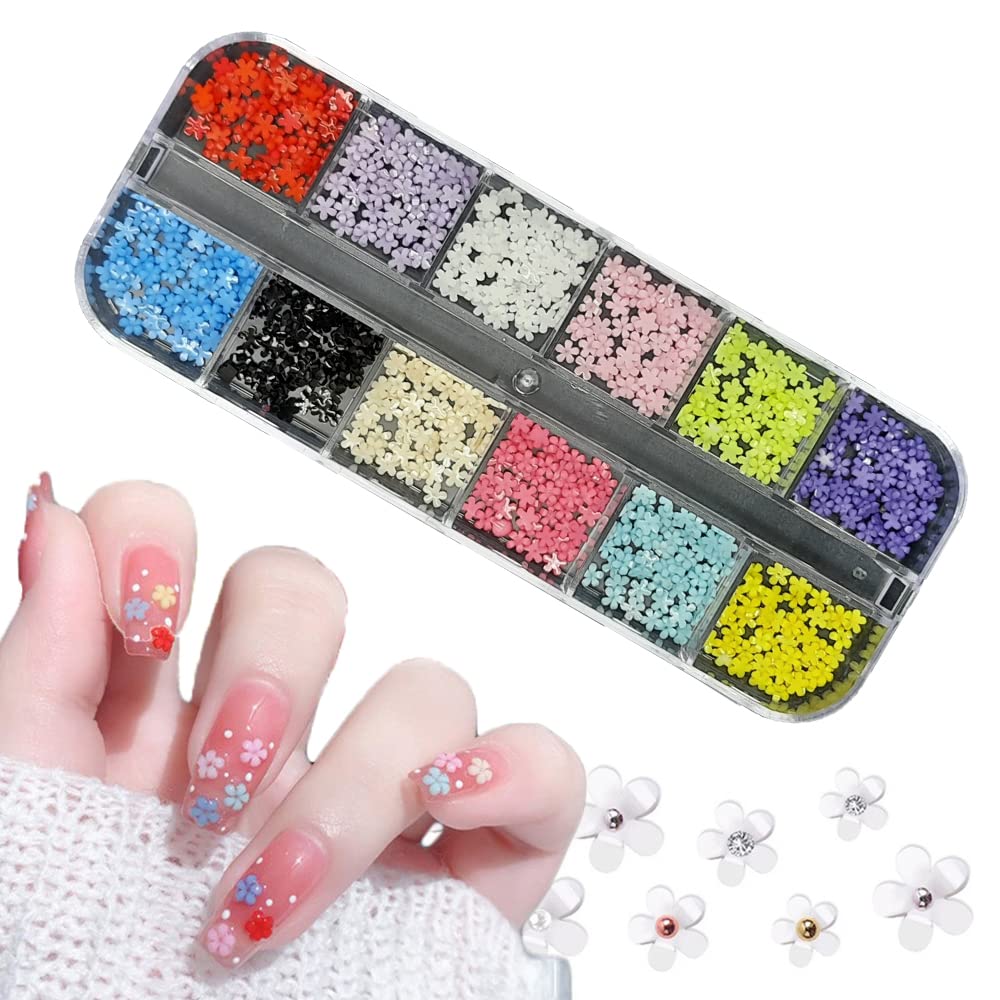 S.A.V.I Nail Art Palette - 12 Grids Resin Flower Decorations for Manicure, DIY Nail Design Accessories, Small Five Petal Floral Jewelry - Perfect for Nail Salons, Home Manicure & Gift Giving